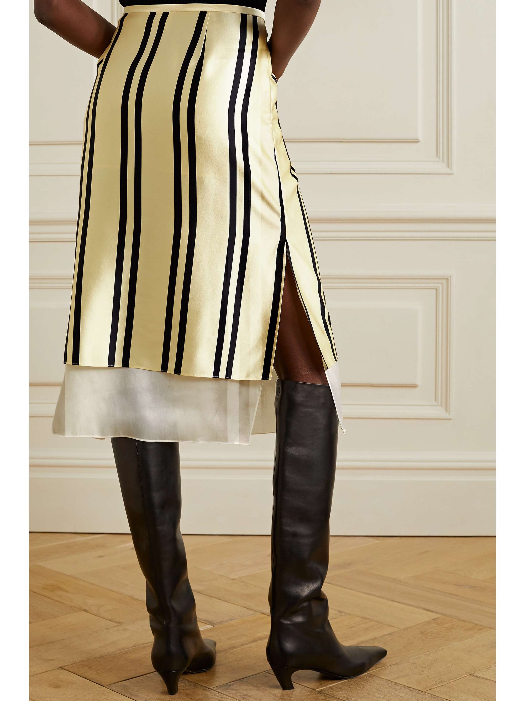 KHAITE Leelo layered striped silk-charmeuse and georgette midi skirt