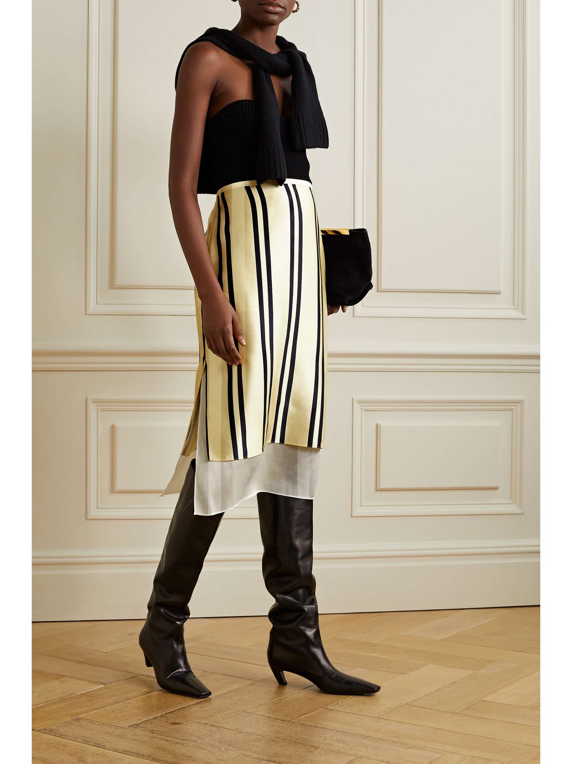 KHAITE Leelo layered striped silk-charmeuse and georgette midi skirt