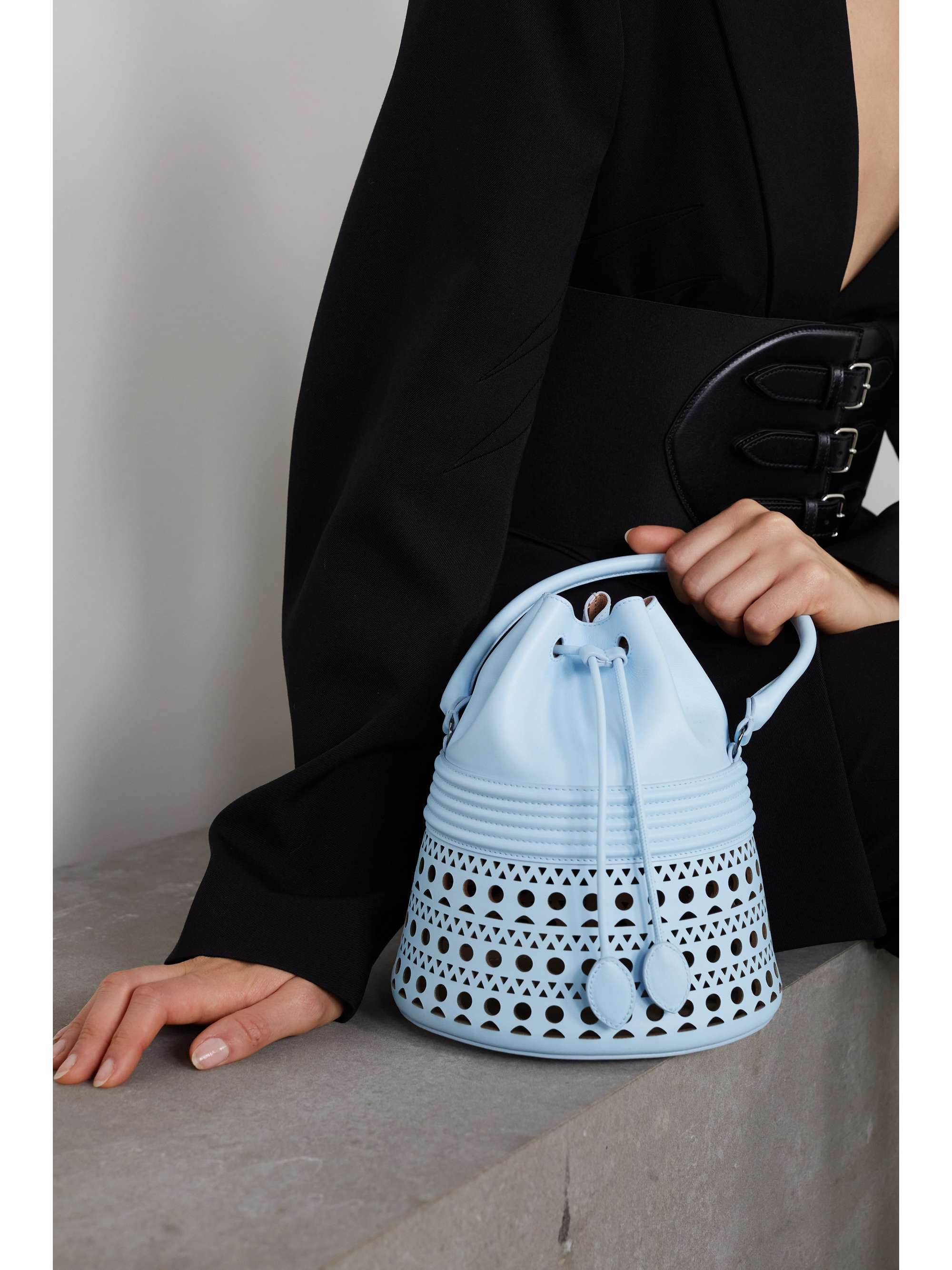 ALAÏA Bucket Corset laser-cut leather bag