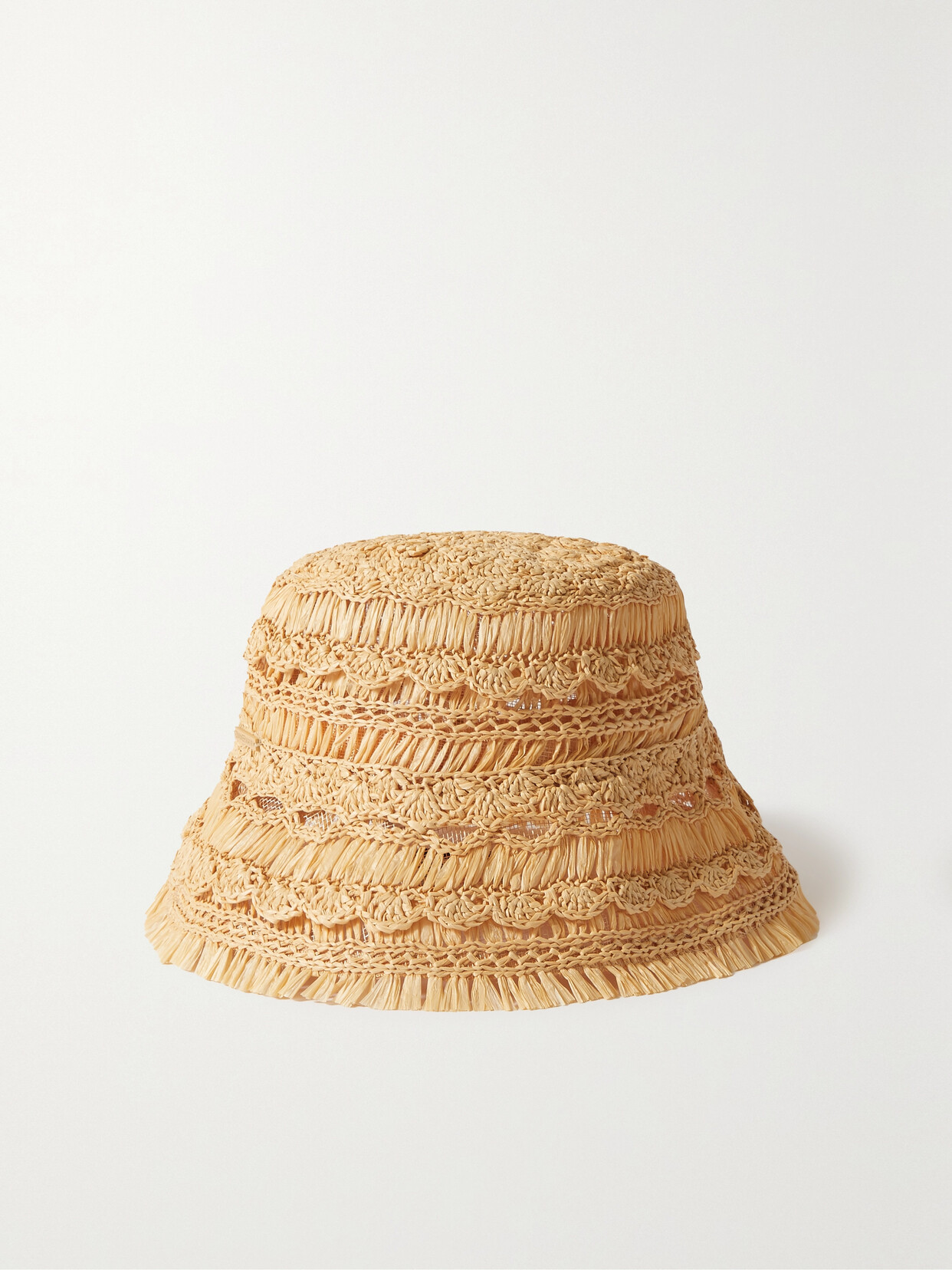 ZIMMERMANN POSTCARD FRINGED CROCHETED STRAW BUCKET HAT