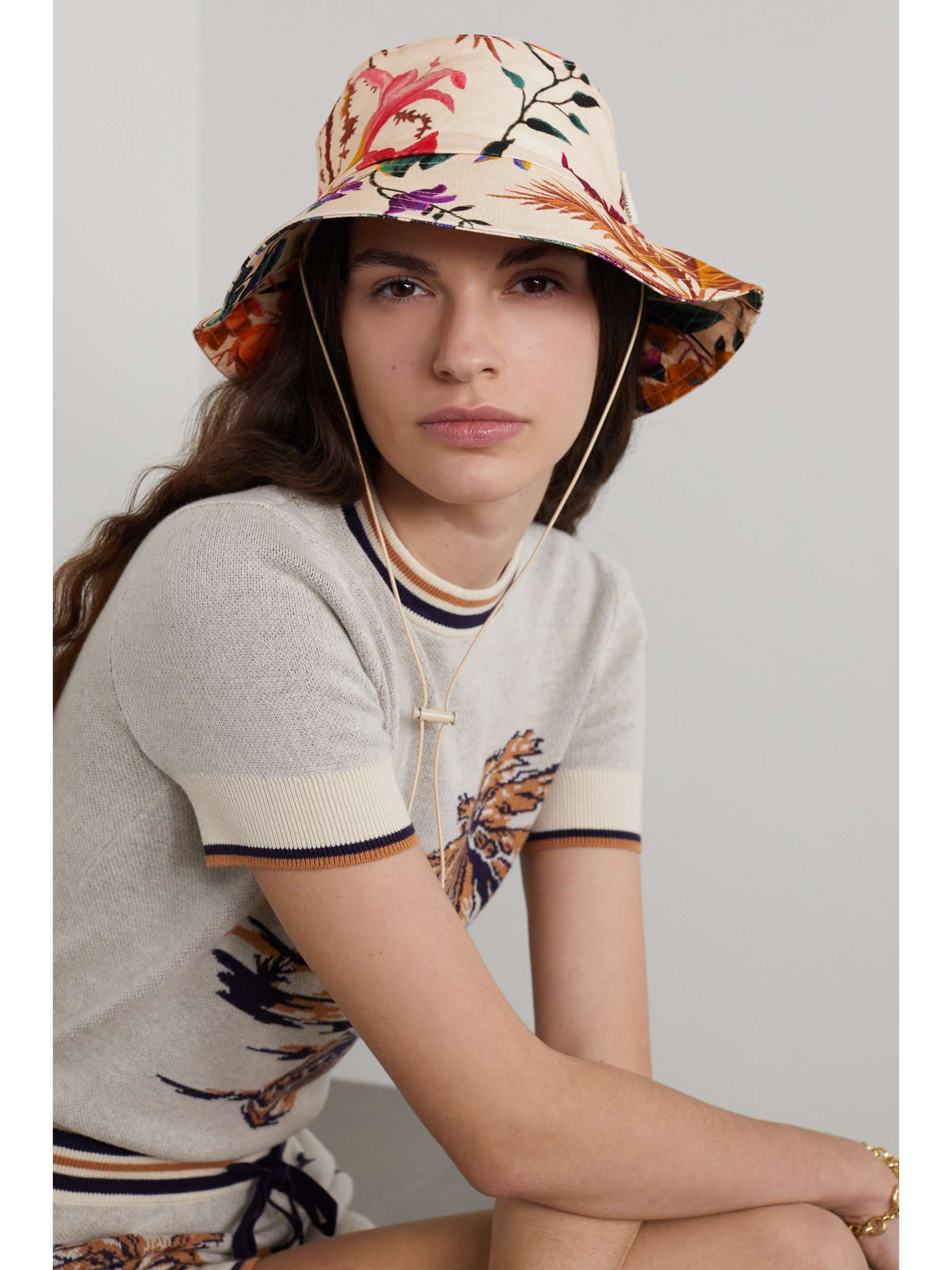 Cream Floral-print linen bucket hat 