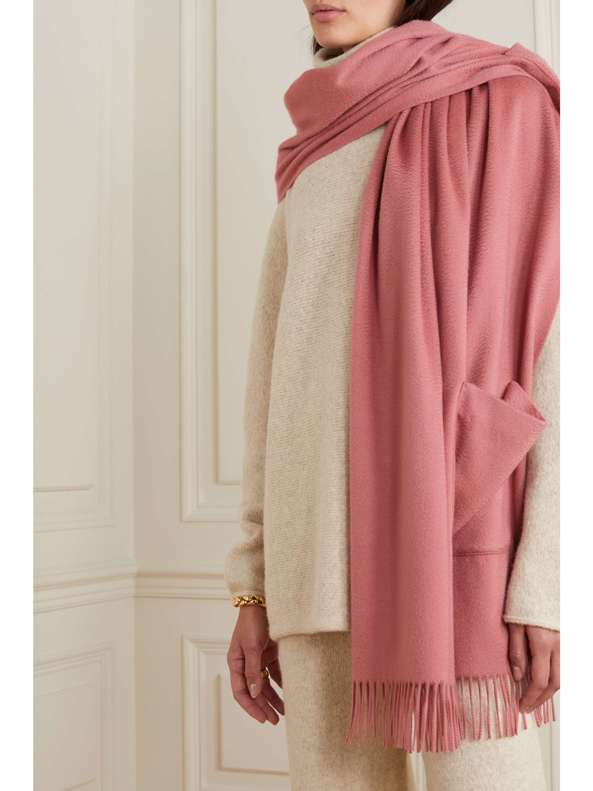LORO PIANA Fringed suede-trimmed cashmere scarf