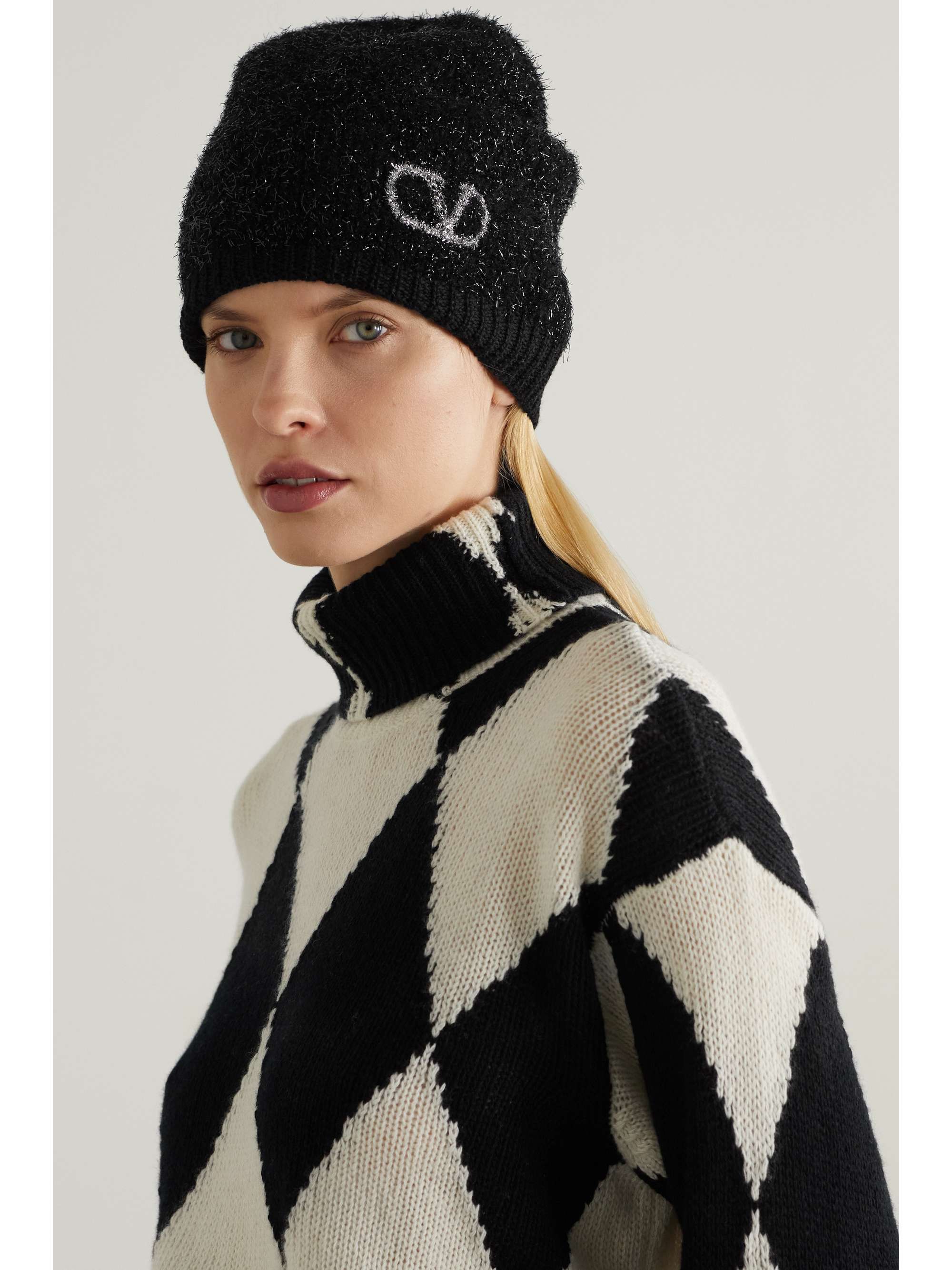 Black Embroidered metallic wool-blend 