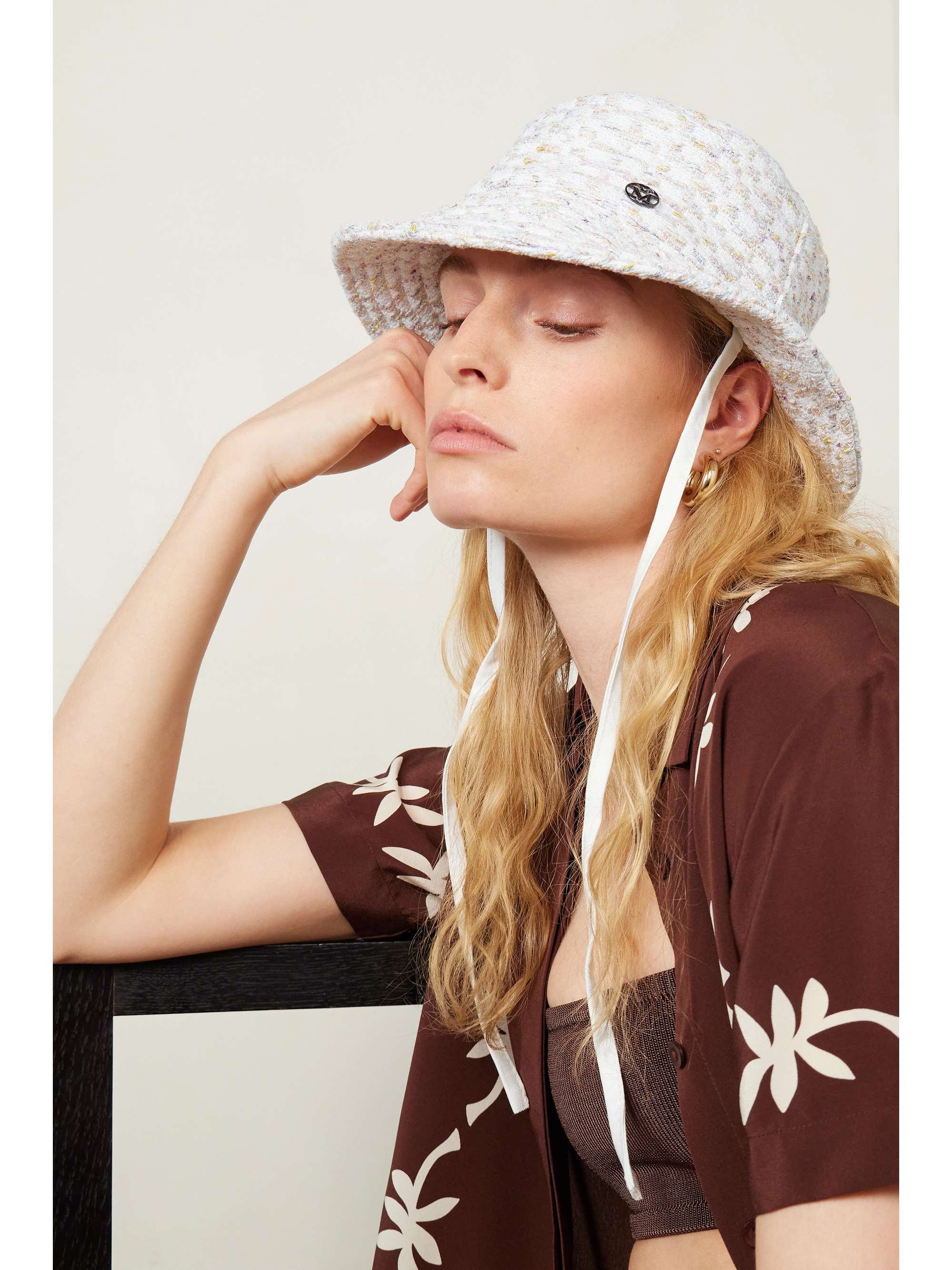 White Angele metallic tweed bucket hat 