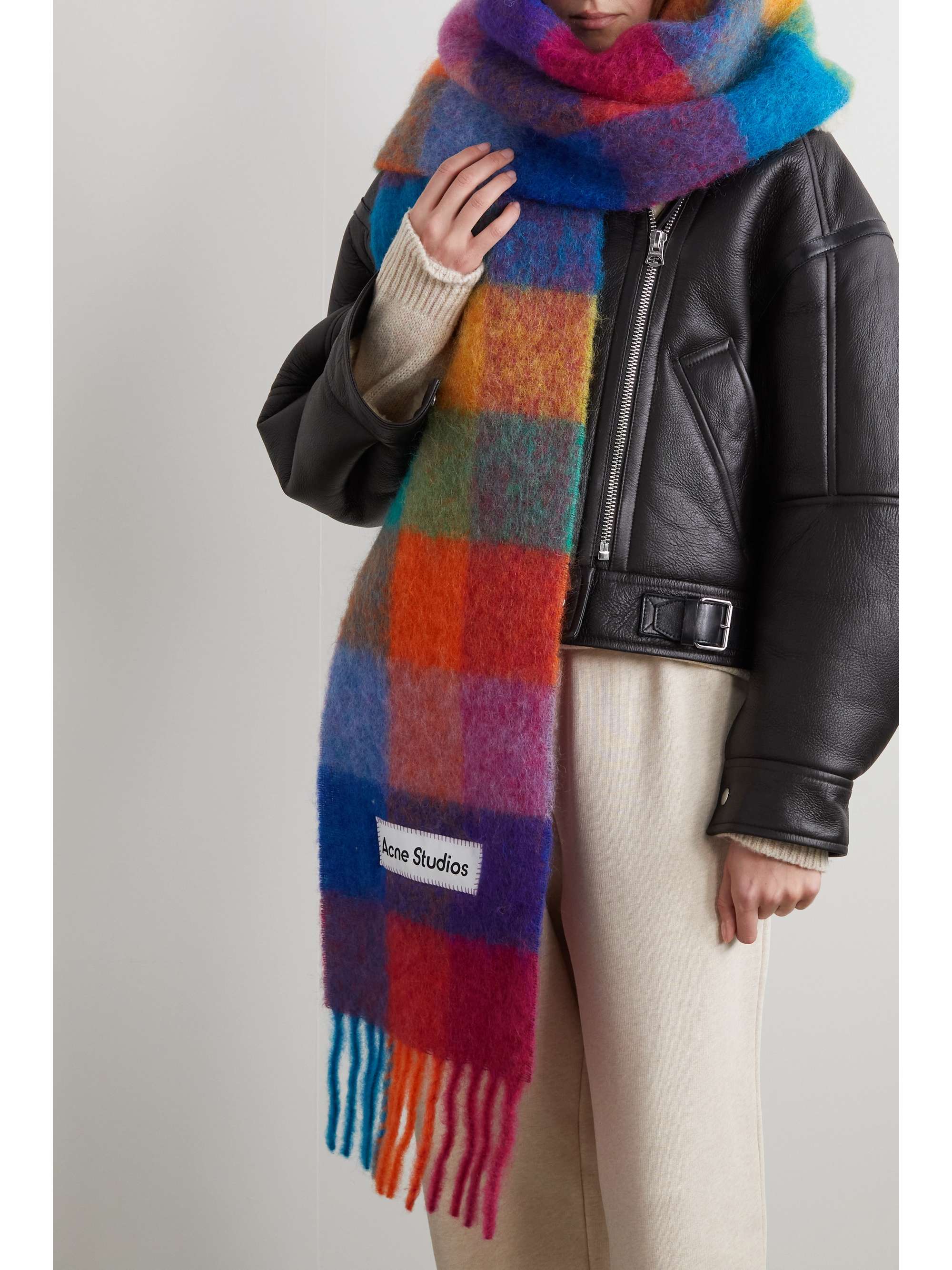 fringed check wool scarf