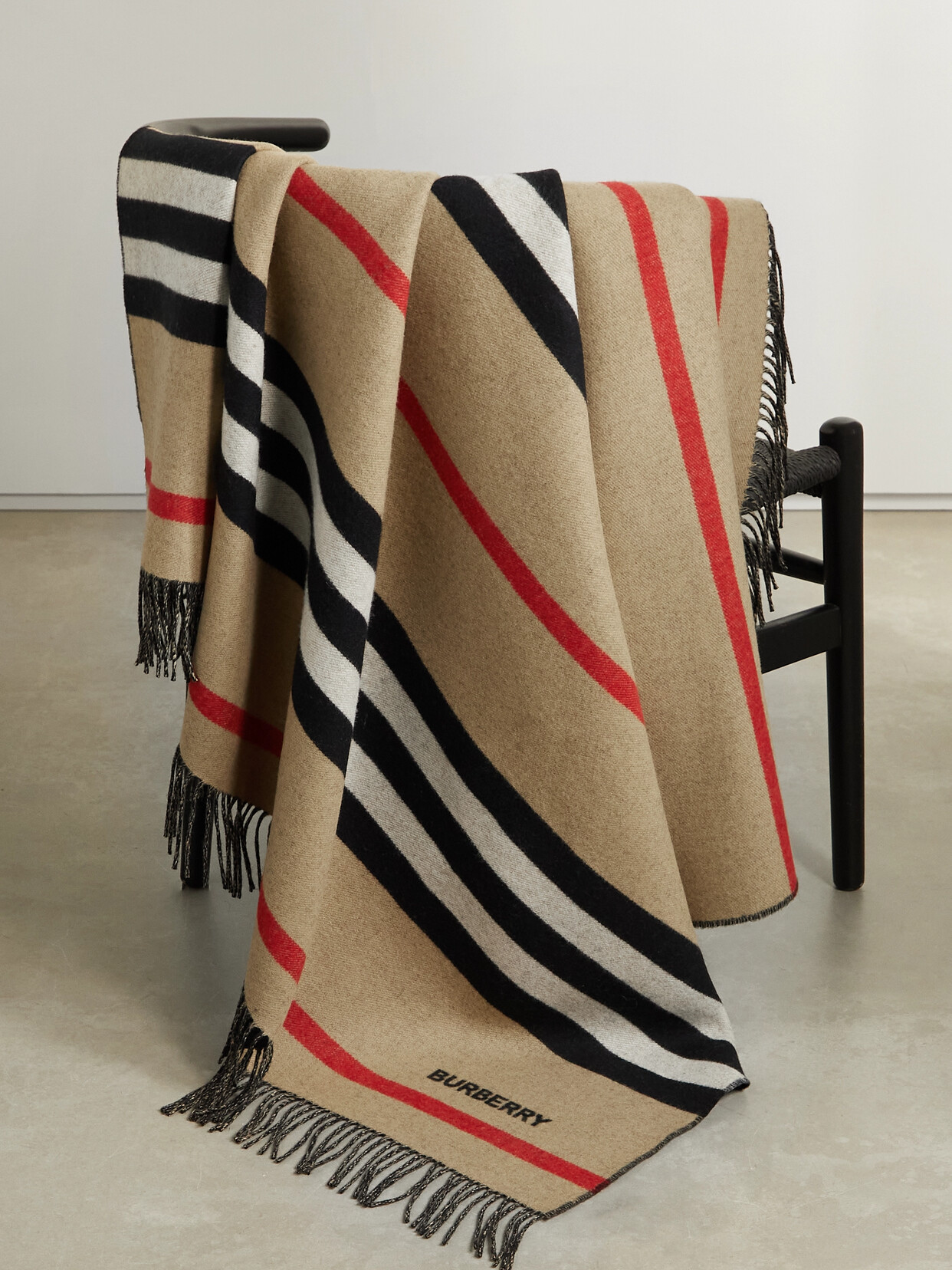 Burberry Fringed Striped Cashmere Blanket In Neutrals