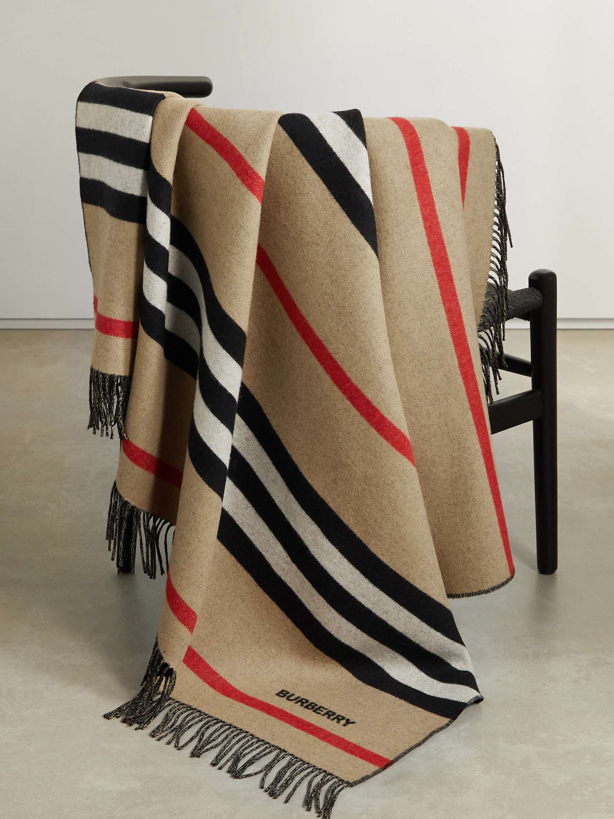 Fringed striped cashmere blanket