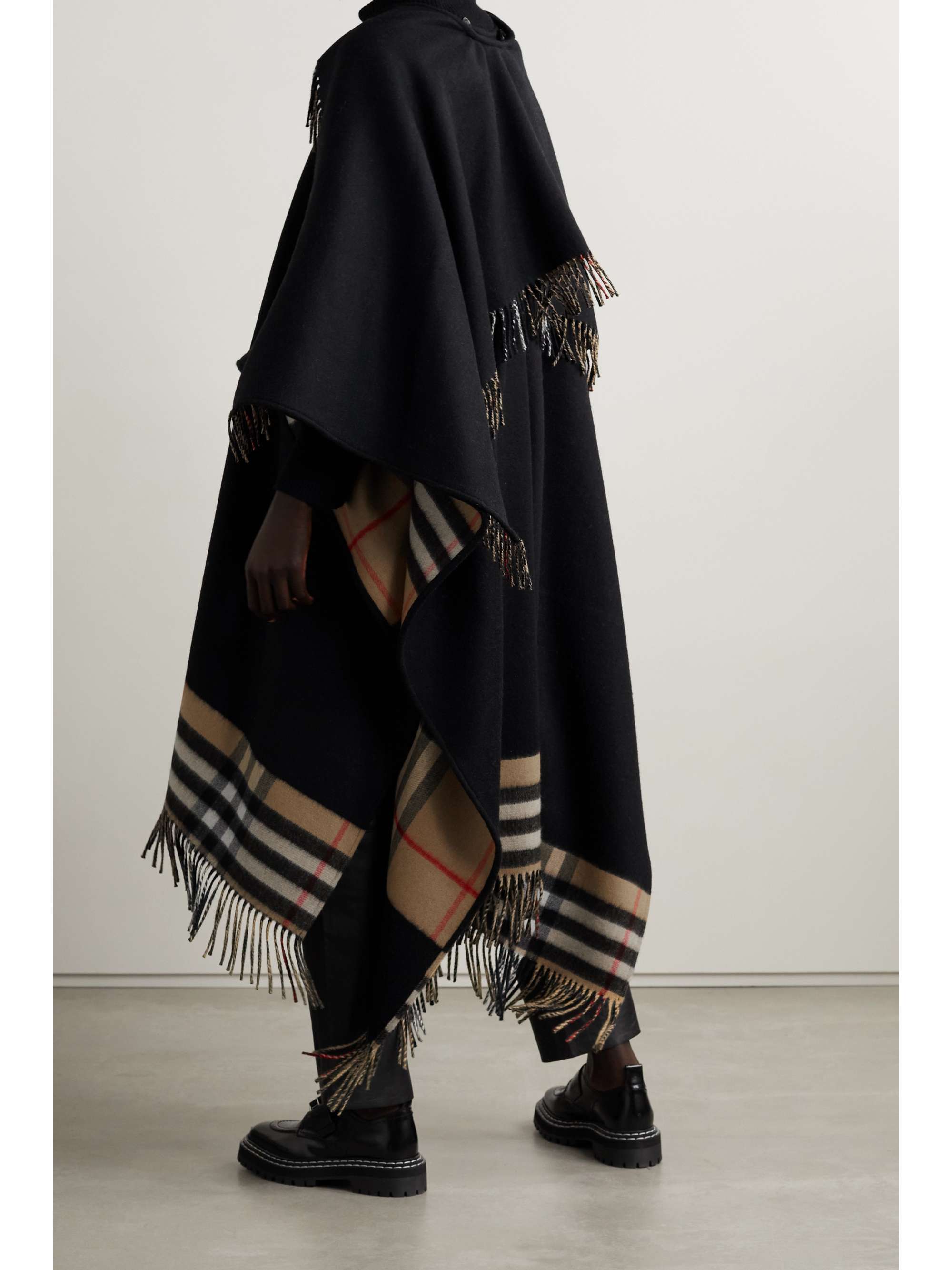BURBERRY Fringed checked cashmere and merino wool-blend cape