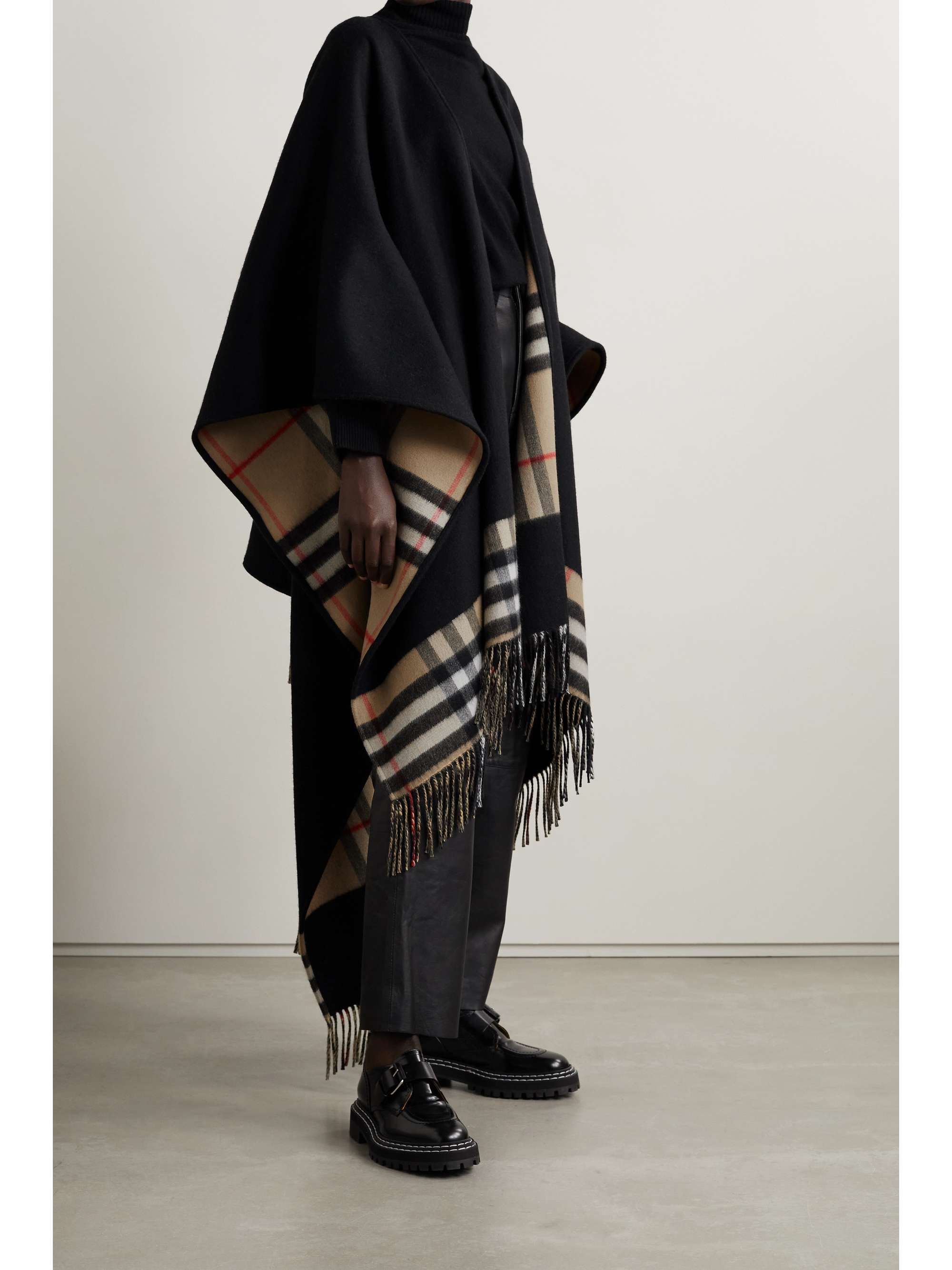 BURBERRY Fringed checked cashmere and merino wool-blend cape