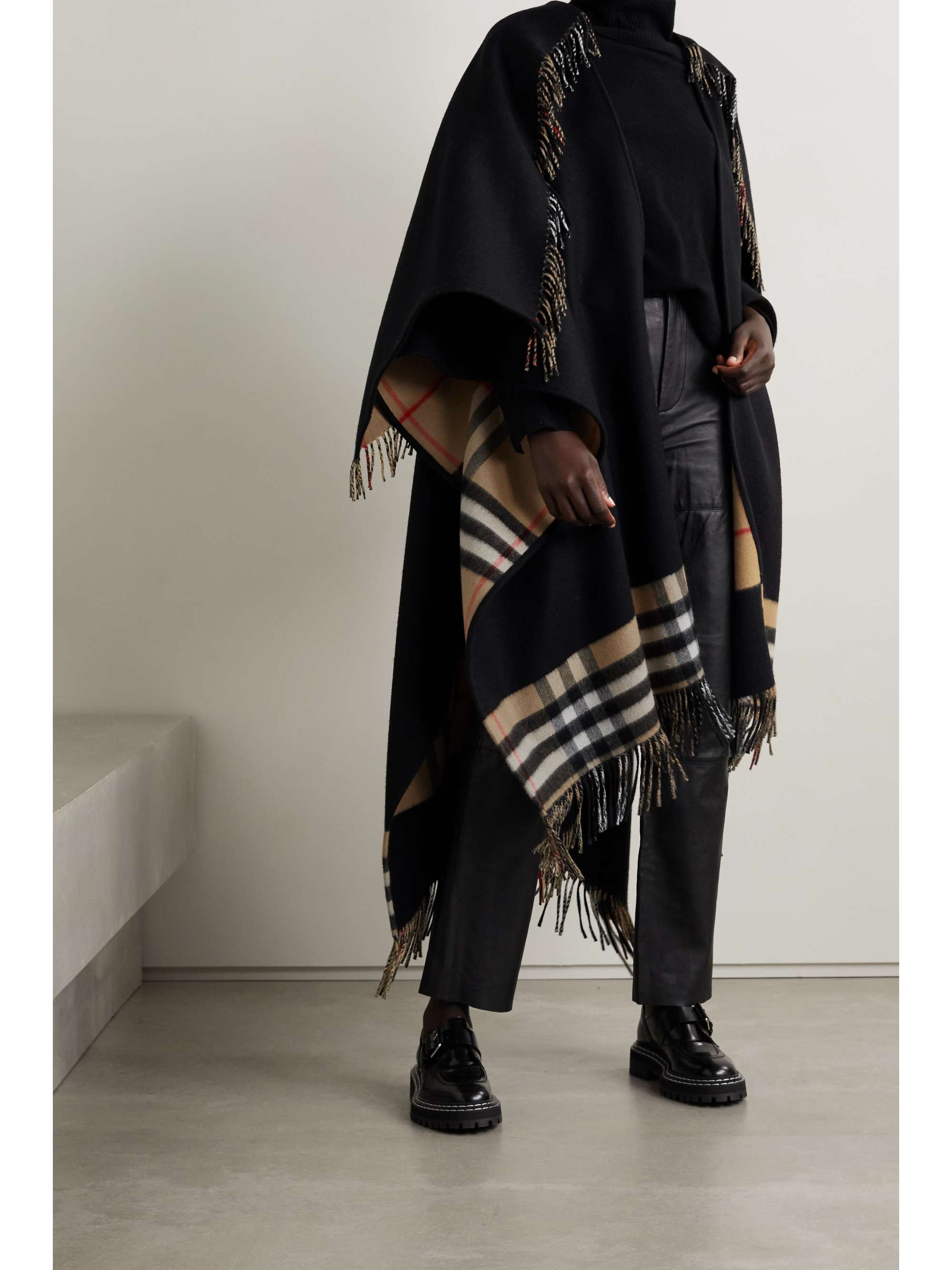 BURBERRY Fringed checked cashmere and merino wool-blend cape