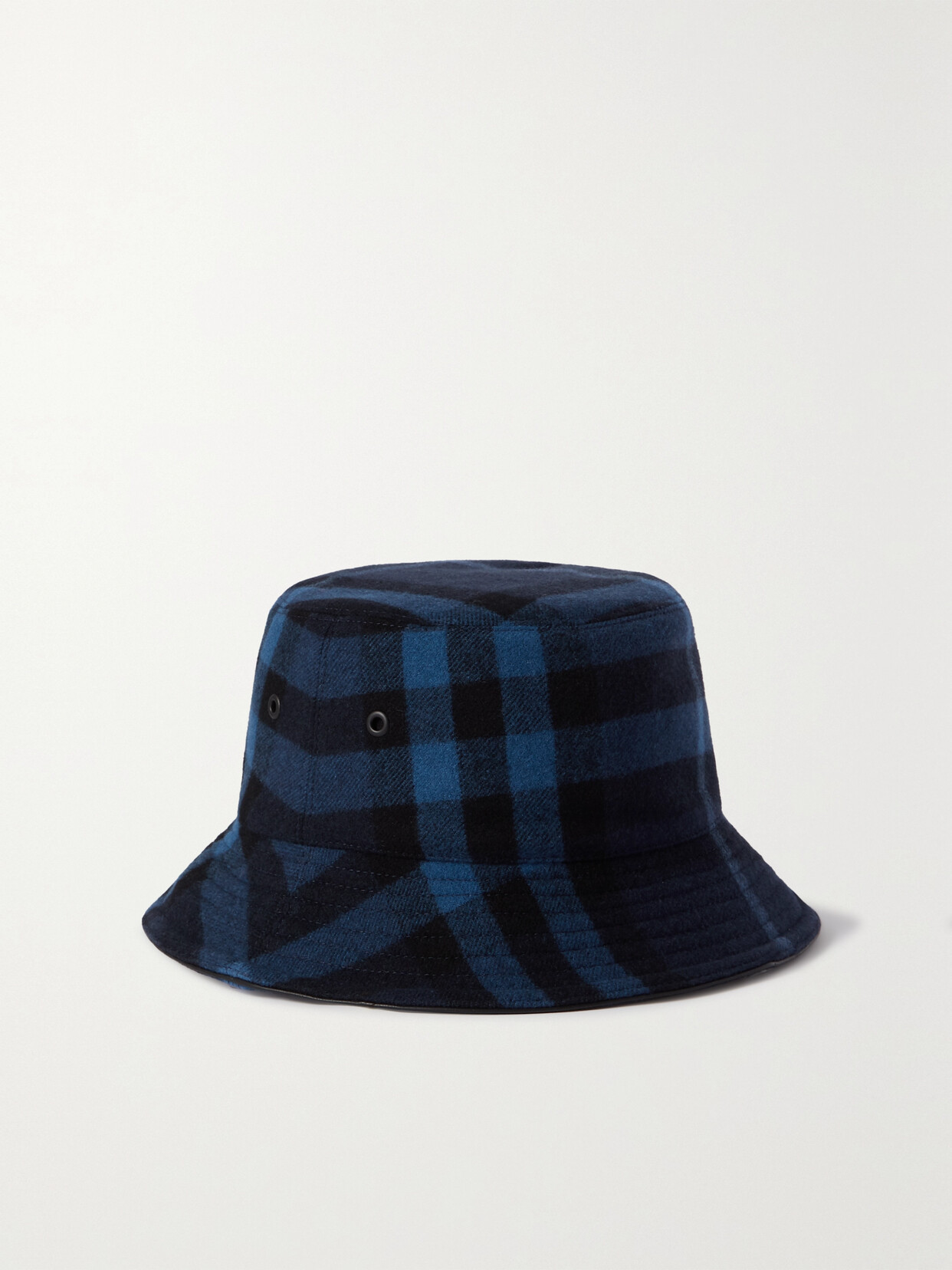 Shop Burberry Leather-trimmed Checked Wool And Cashmere-blend Bucket Hat In Blue