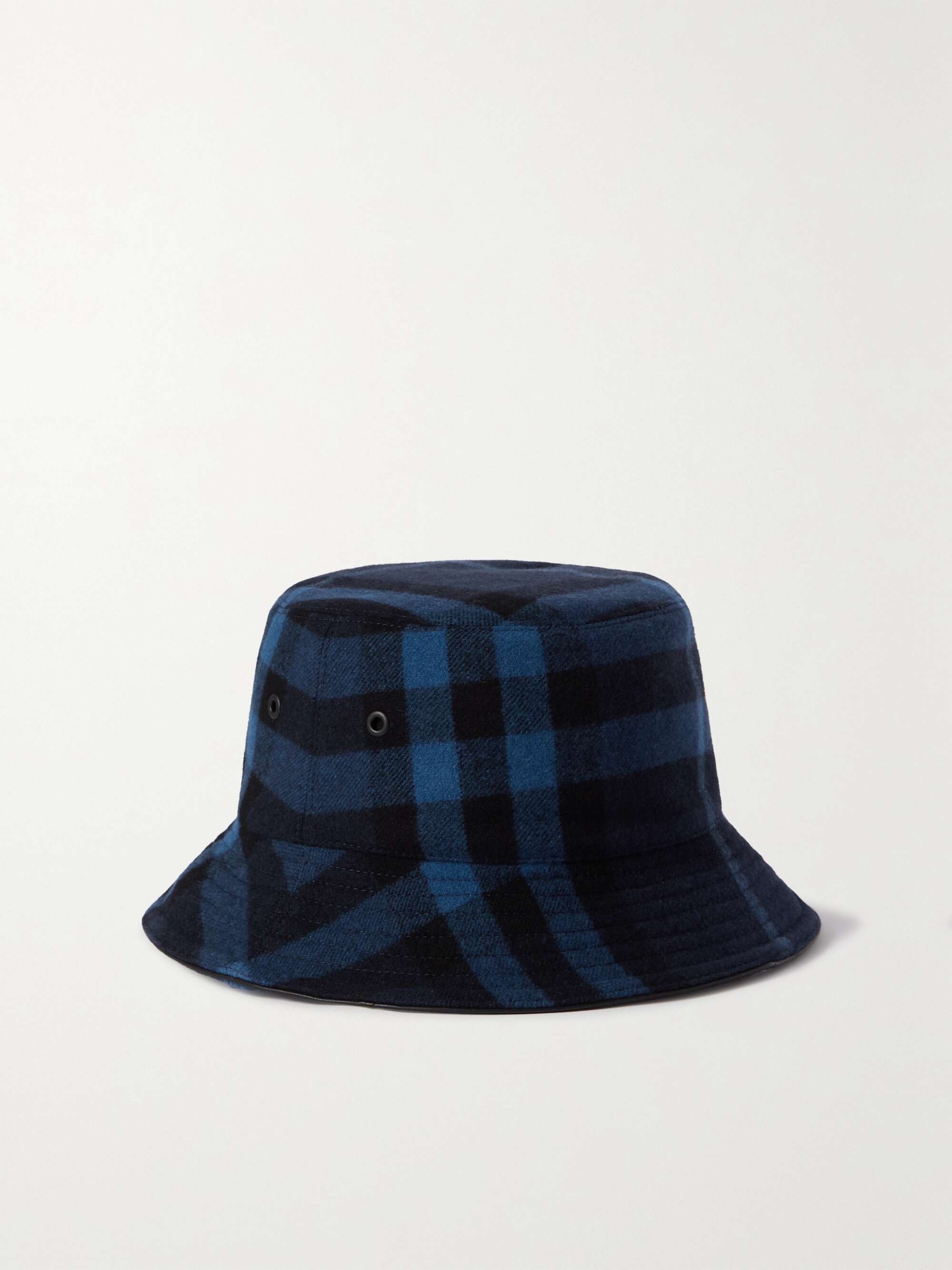 BURBERRY Leather-trimmed checked wool and cashmere-blend bucket hat |  NET-A-PORTER