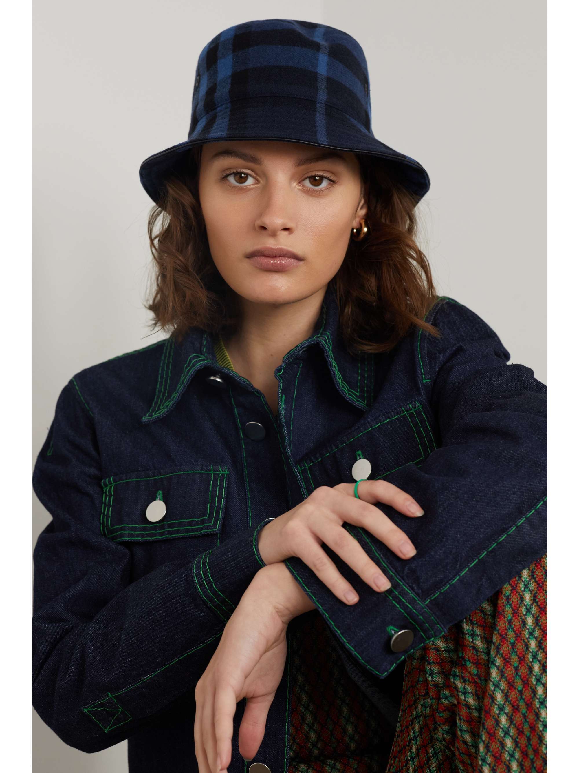 Leather-trimmed checked wool and cashmere-blend bucket hat