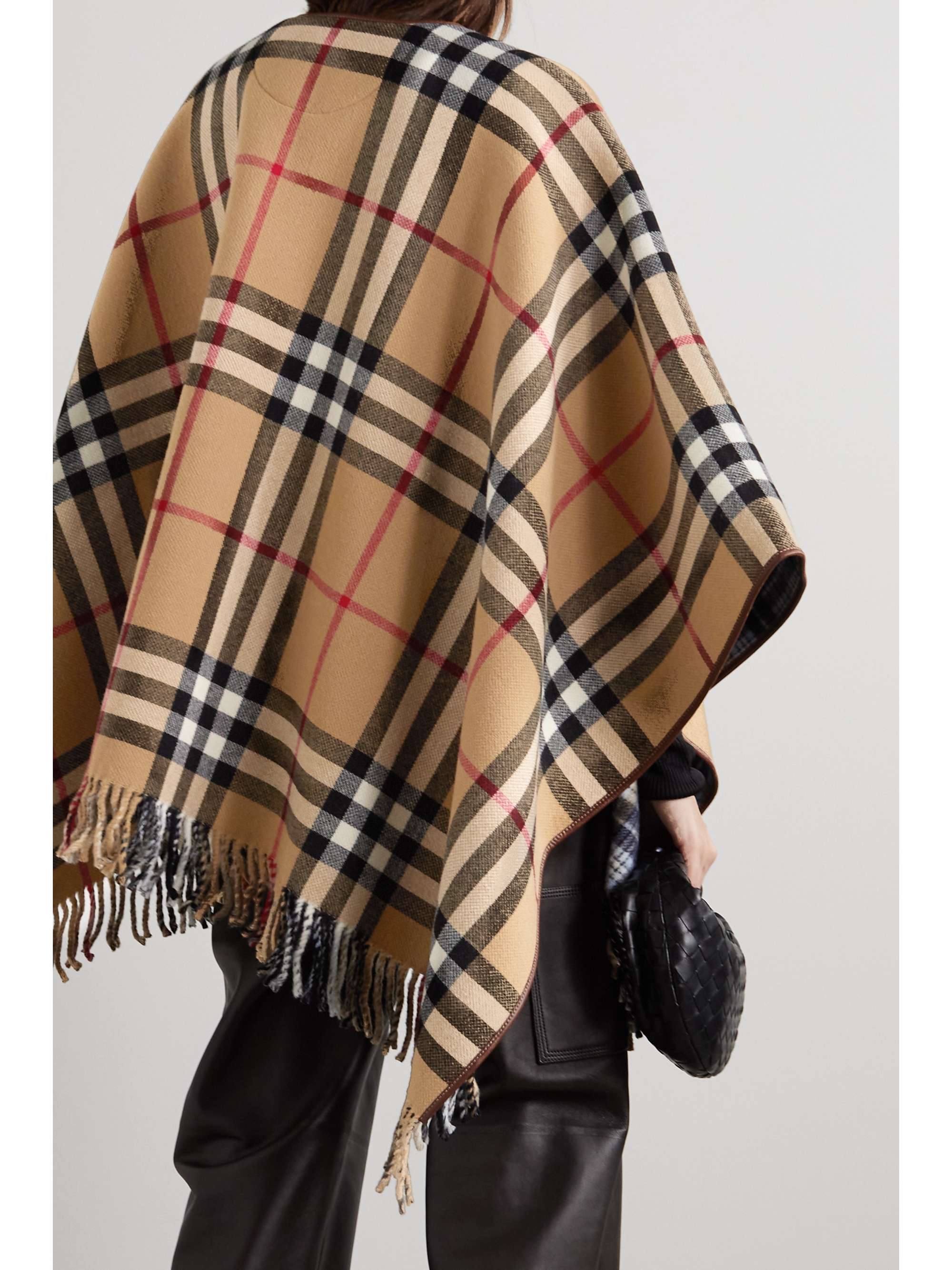 BURBERRY Leather-trimmed fringed checked wool wrap