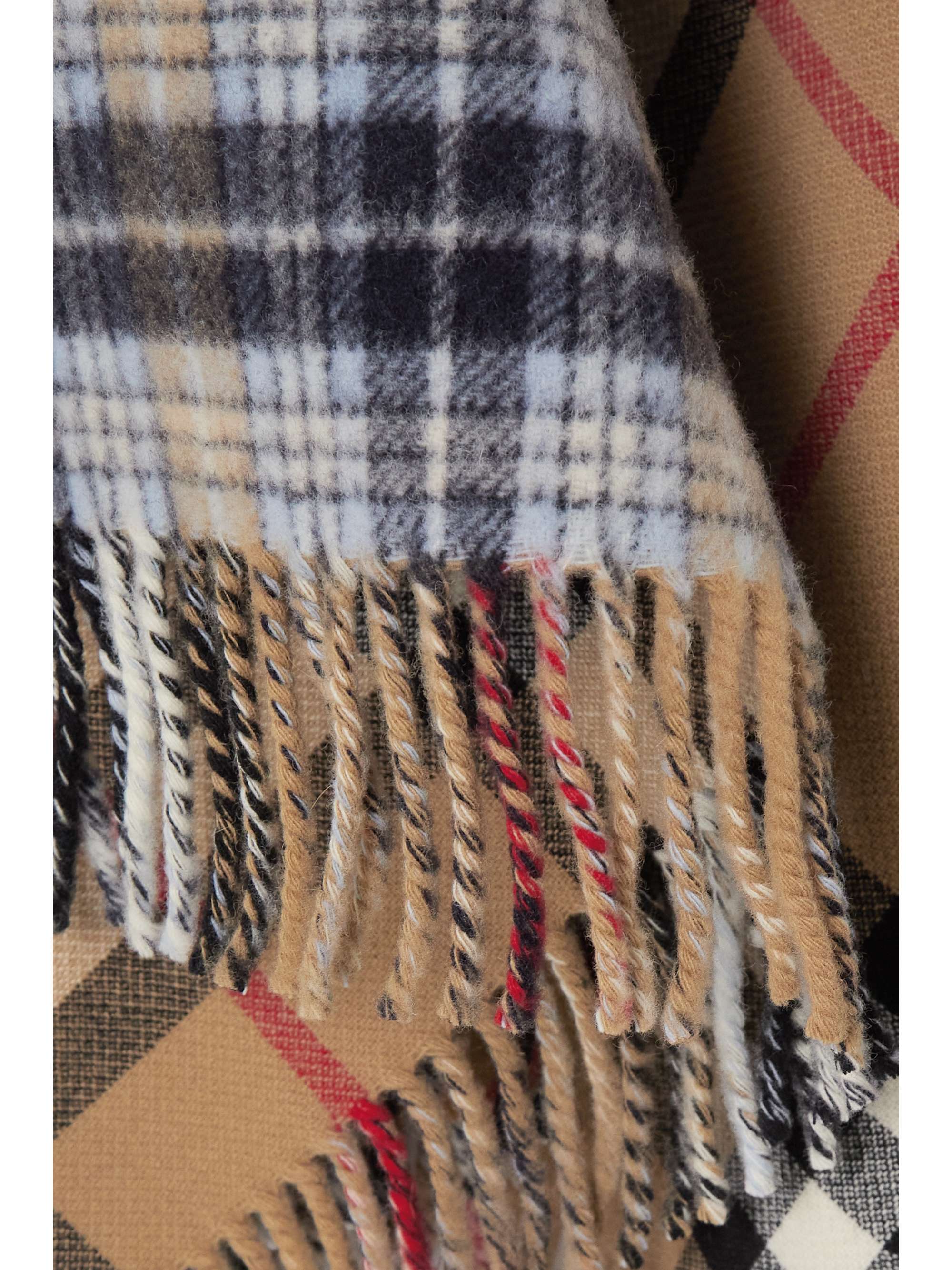 BURBERRY Leather-trimmed fringed checked wool wrap