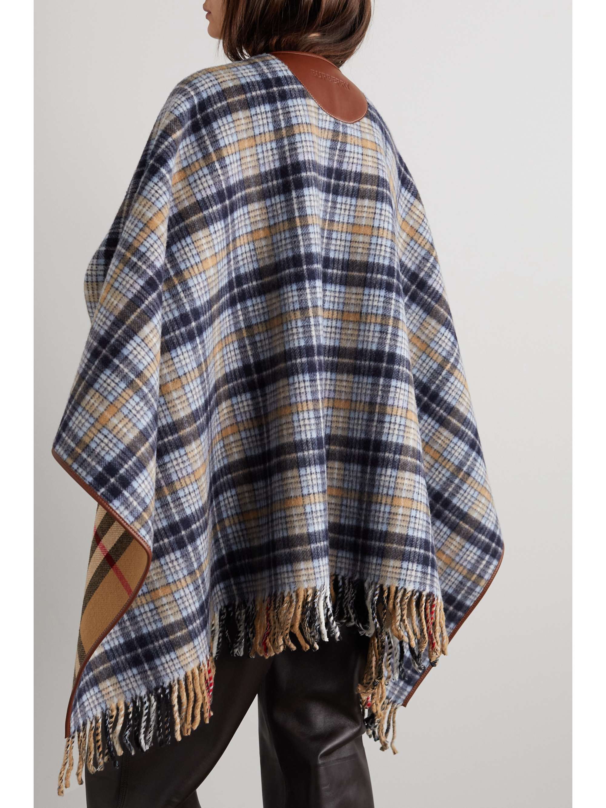 BURBERRY Leather-trimmed fringed checked wool wrap