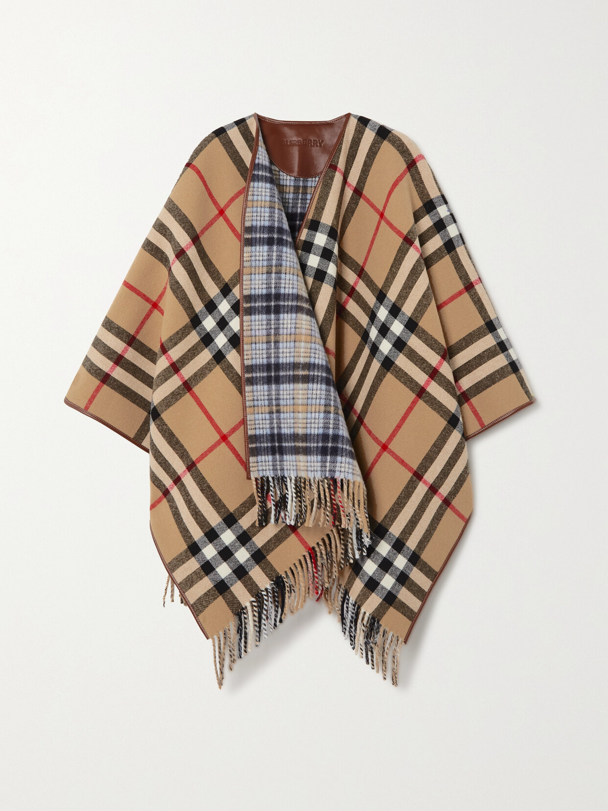 Burberry Leathertrimmed Fringed Checked Wool Wrap In Neutrals ModeSens