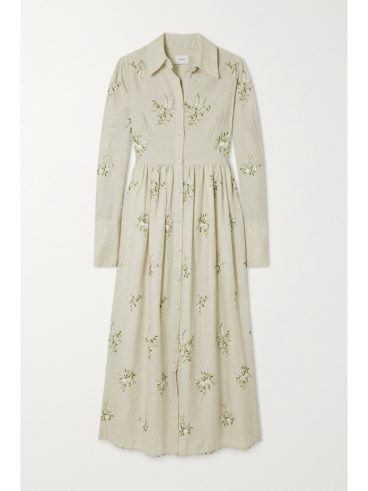 Erdem Cora Floral-embroidered Linen-blend Shirt Dress In Sand