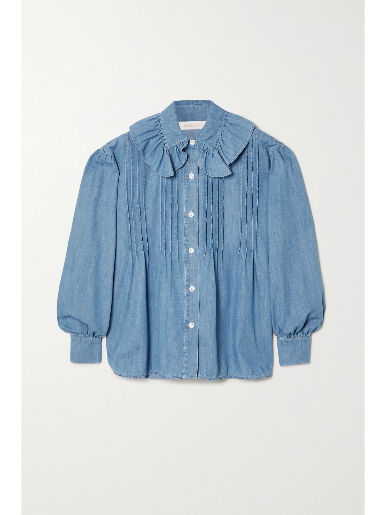 See By Chloé Flou Ruffled Pintucked Denim Blouse In Blue