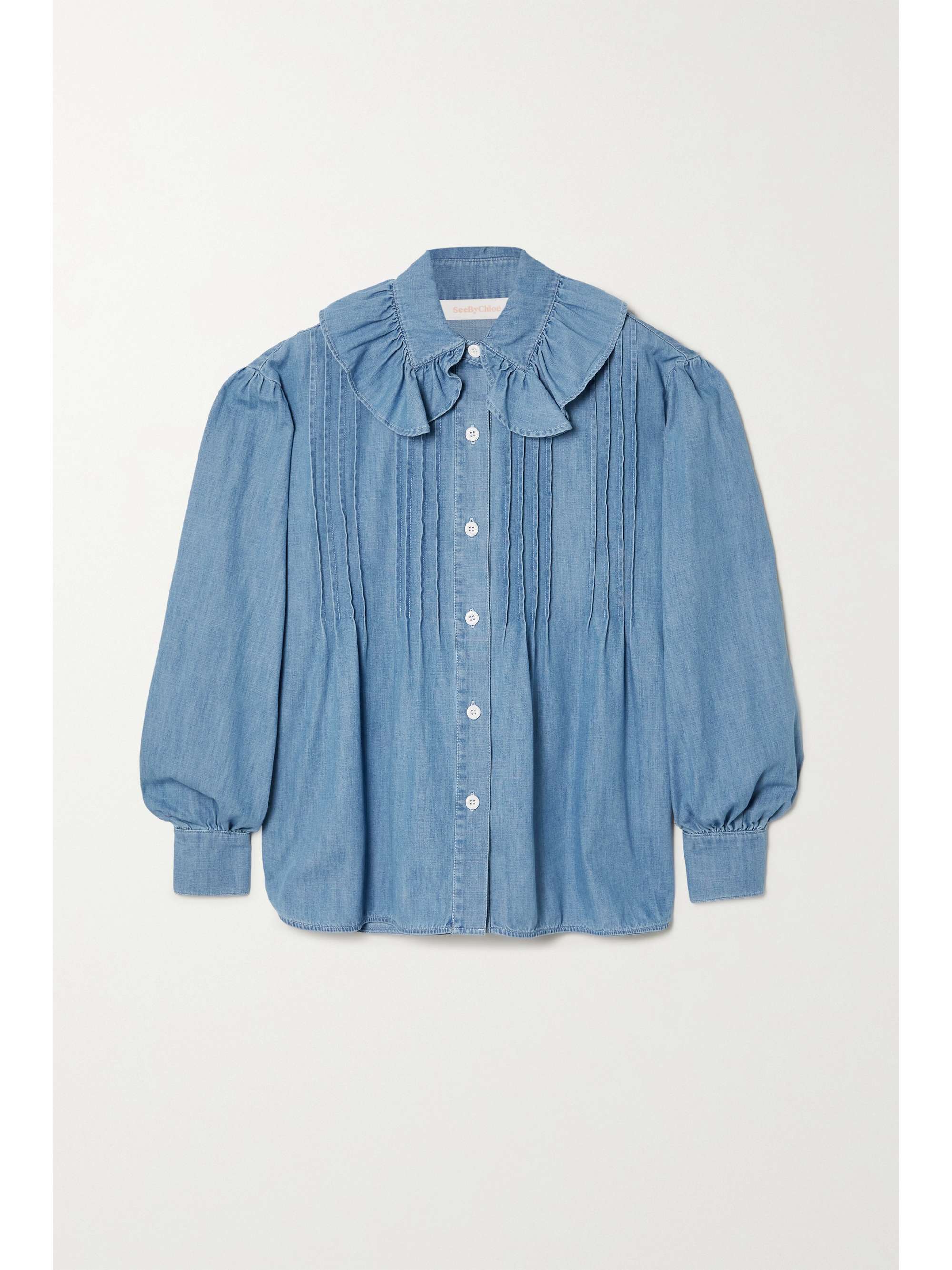 Mid denim Flou ruffled pintucked denim 
