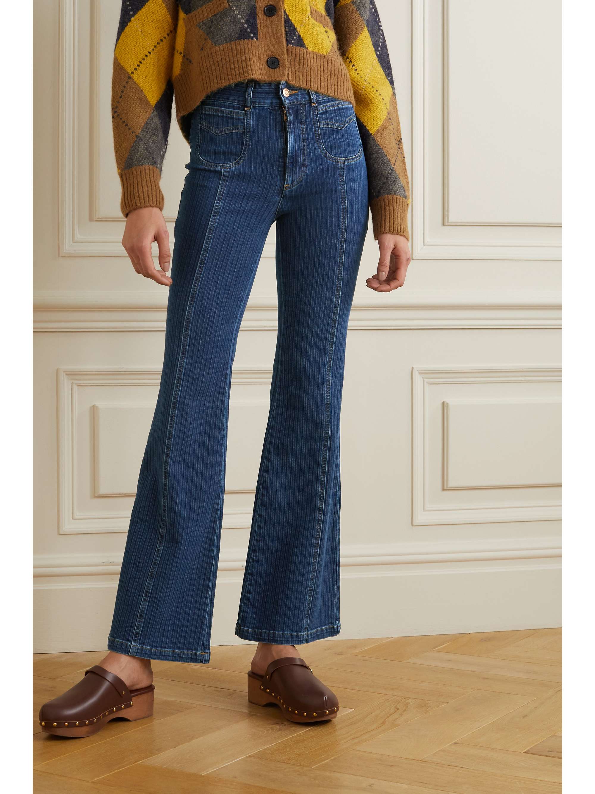 Mid denim Striped high-rise flared 