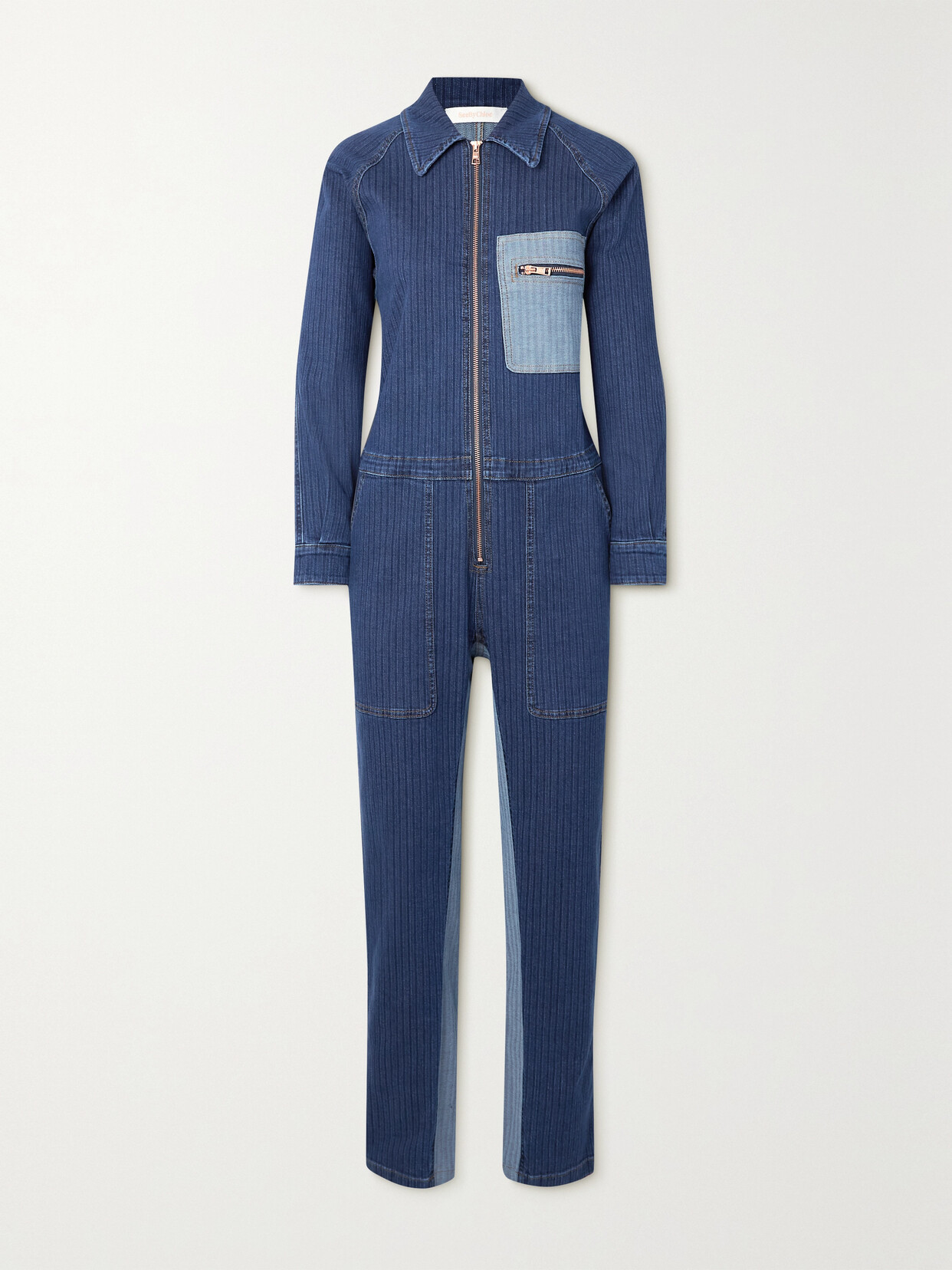 See By Chloé Patchwork Striped Denim Jumpsuit In Blue