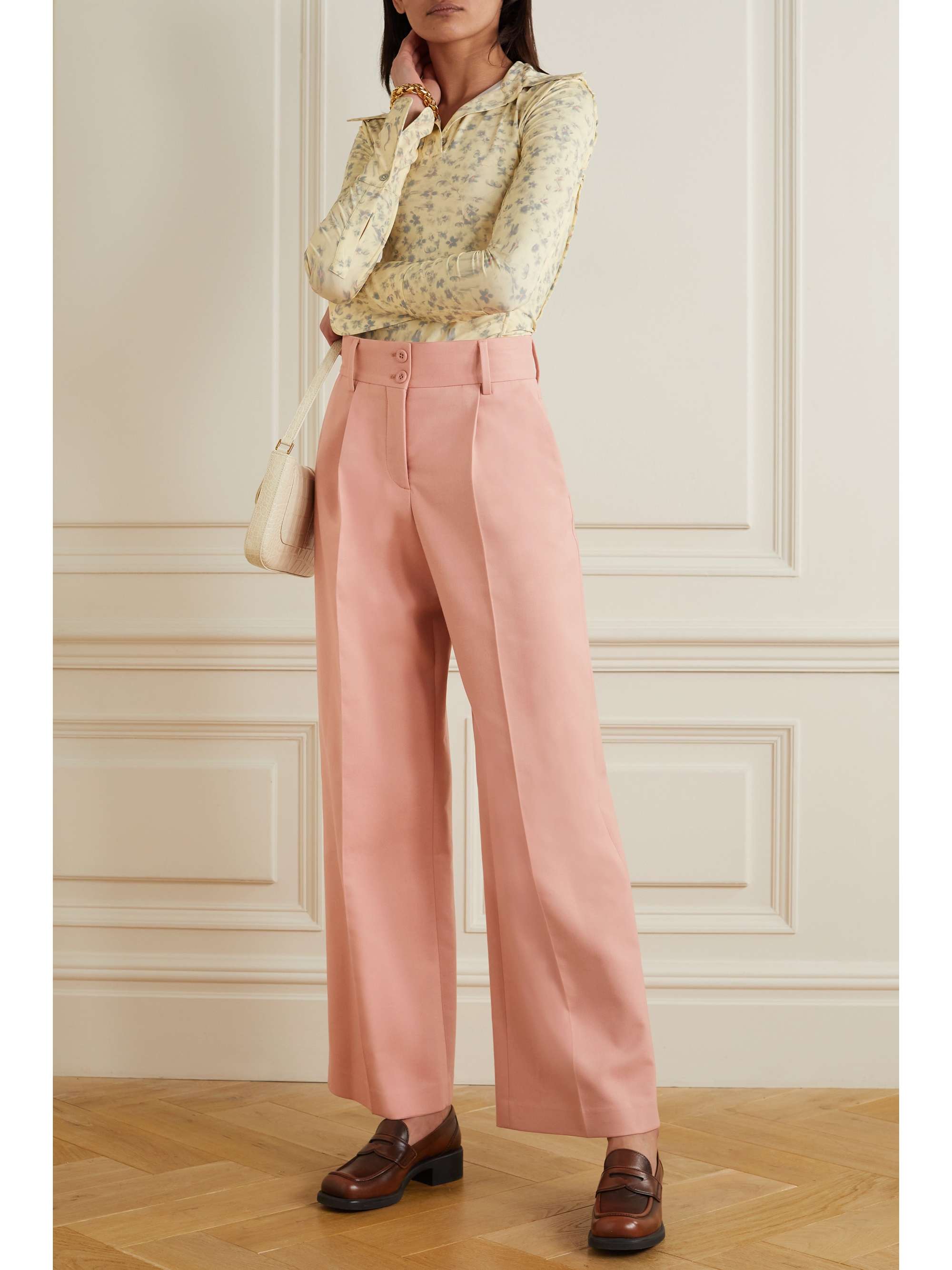 Blush Pleated cotton-blend wide-leg 