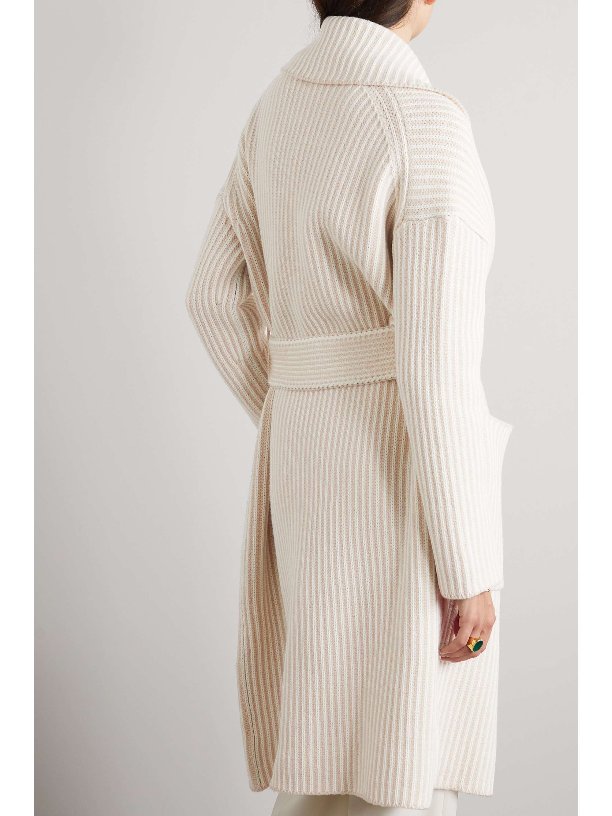 JOSEPH Belted striped ribbed merino wool-blend cardigan