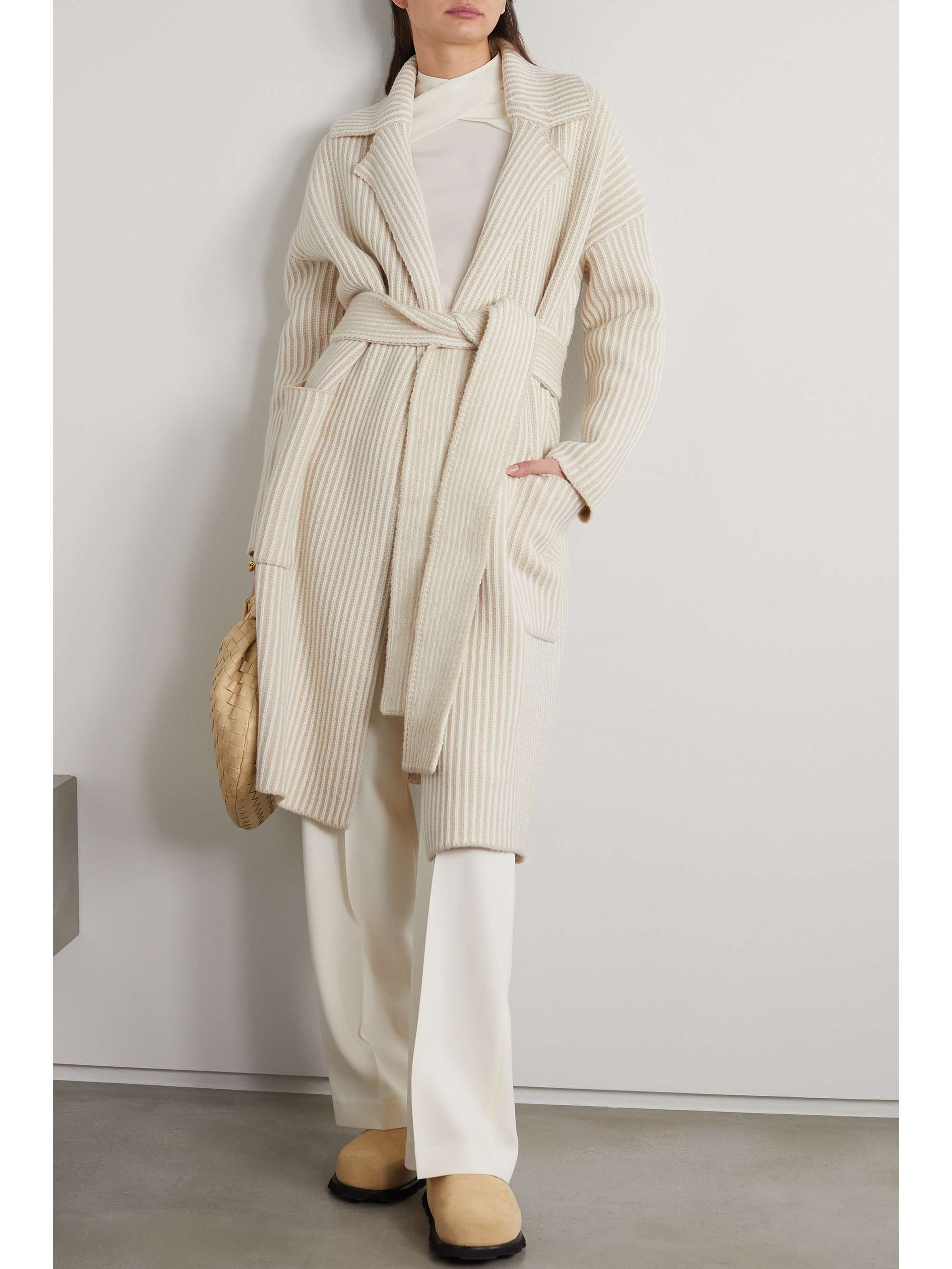 JOSEPH Belted striped ribbed merino wool-blend cardigan
