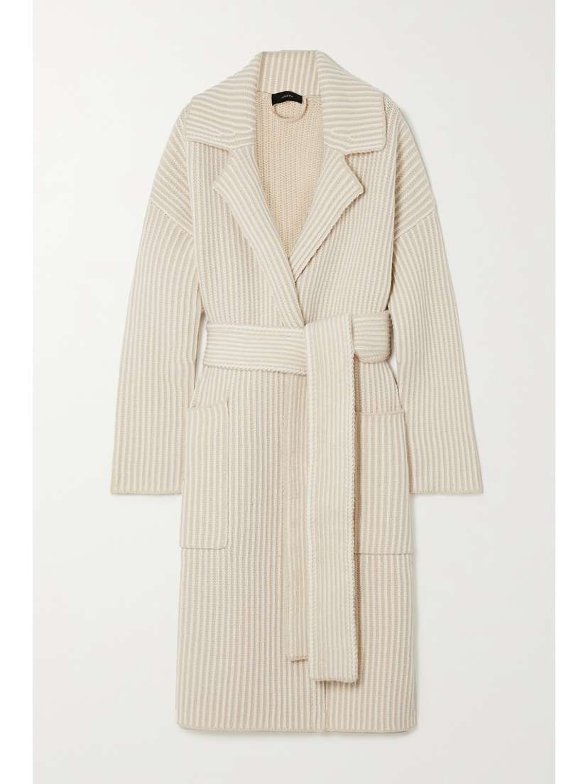 Joseph Belted Striped Ribbed Merino Wool-blend Cardigan
