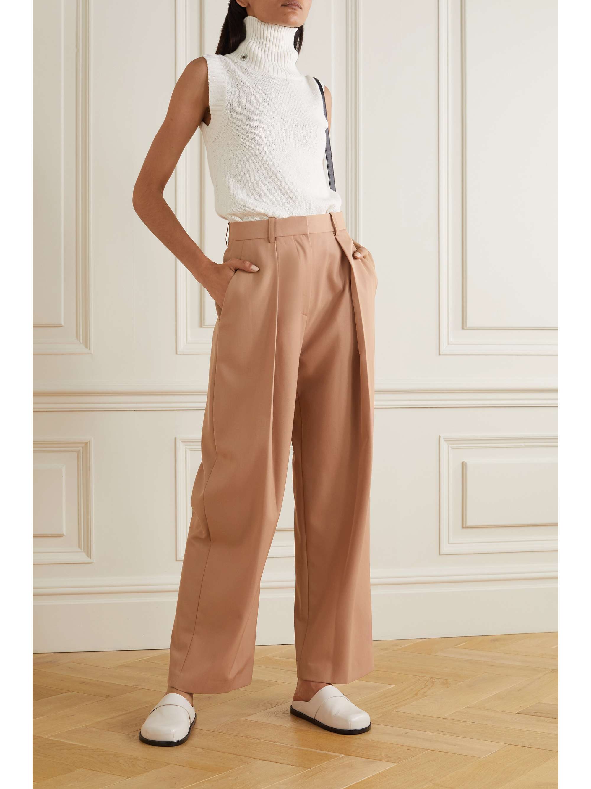 Beige Pleated twill wide-leg pants 