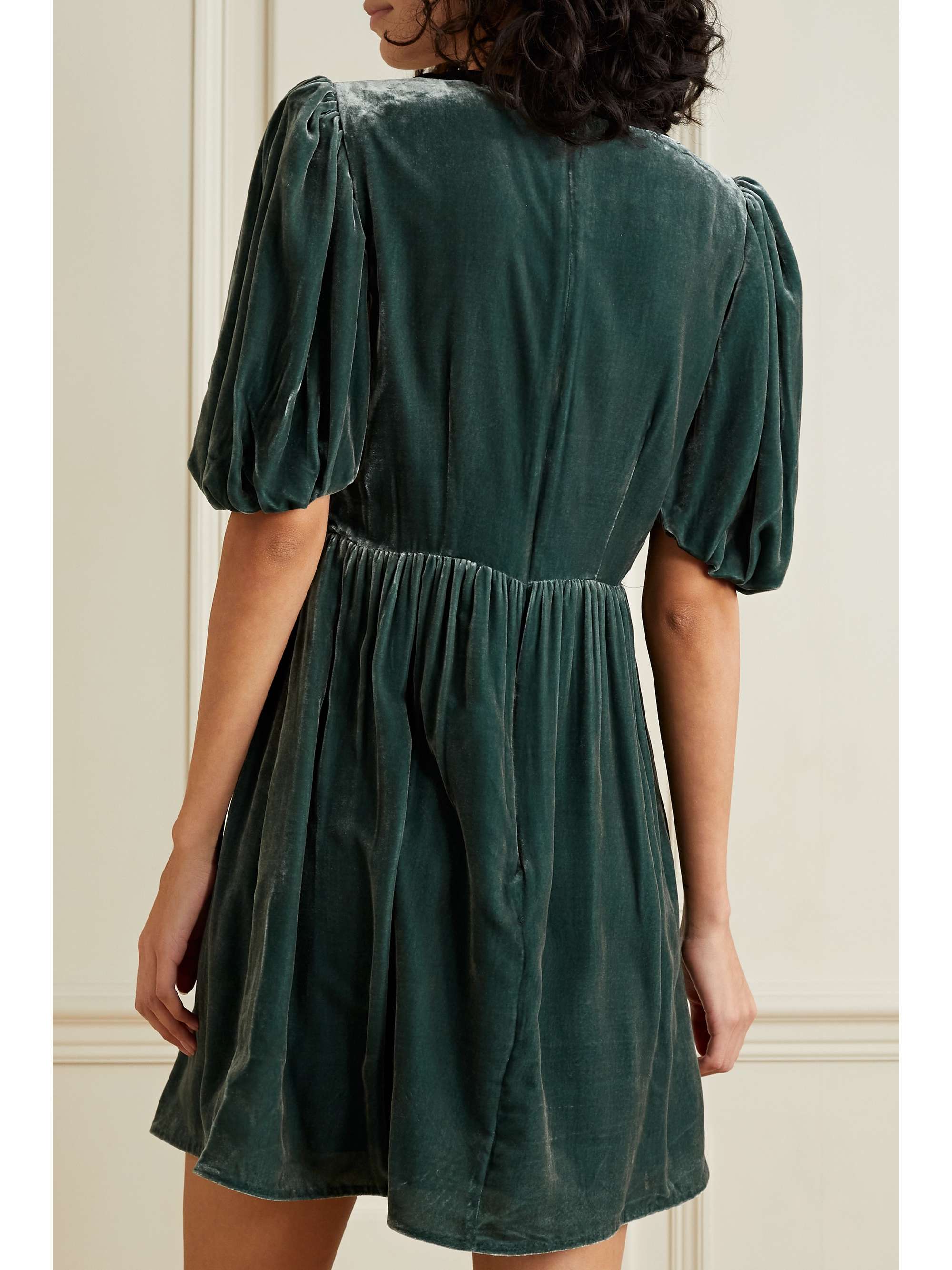 SALONI Camille bow-embellished crepe-trimmed velvet mini dress