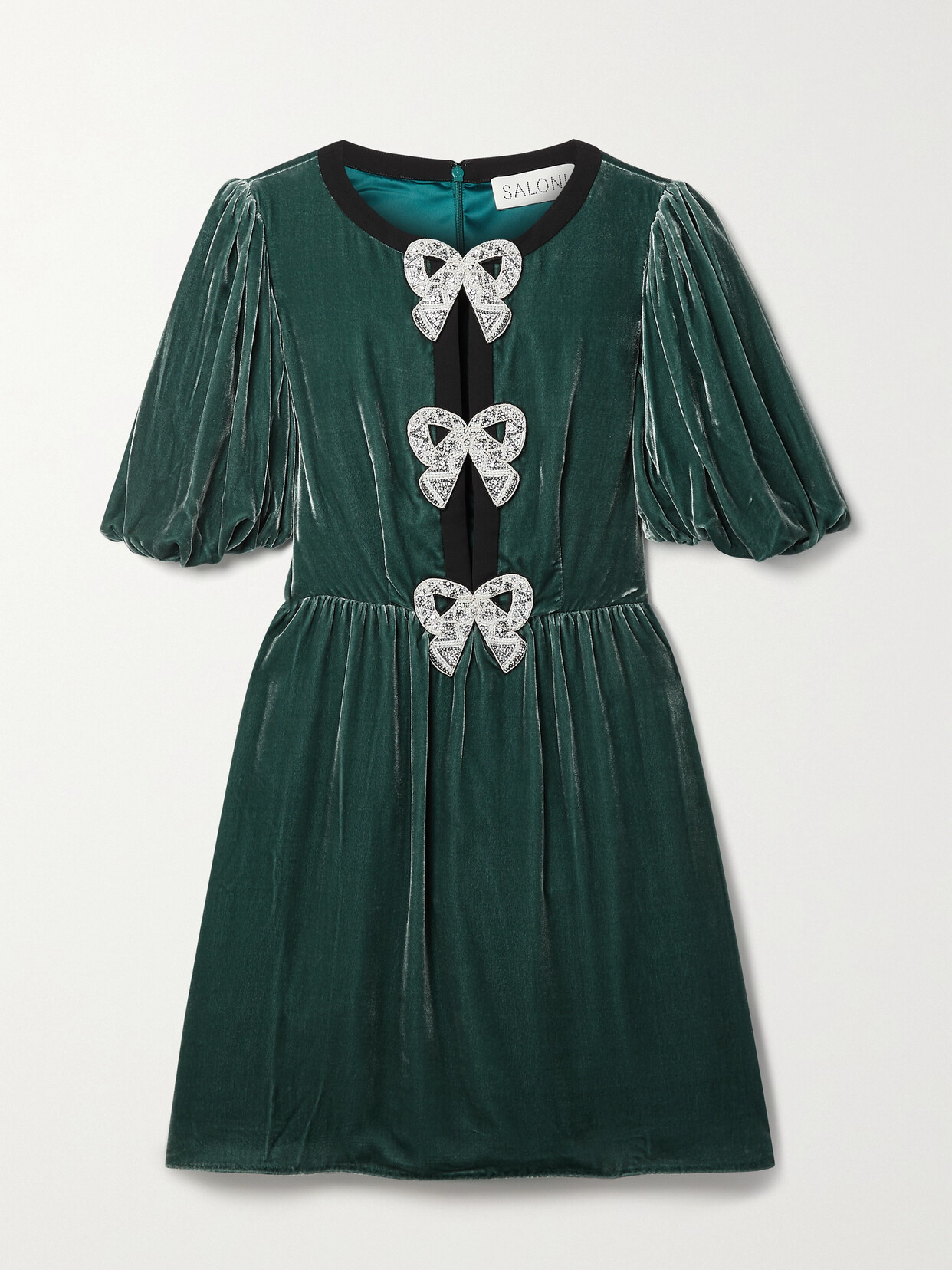 Saloni Camille Bow-embellished Crepe-trimmed Velvet Mini Dress