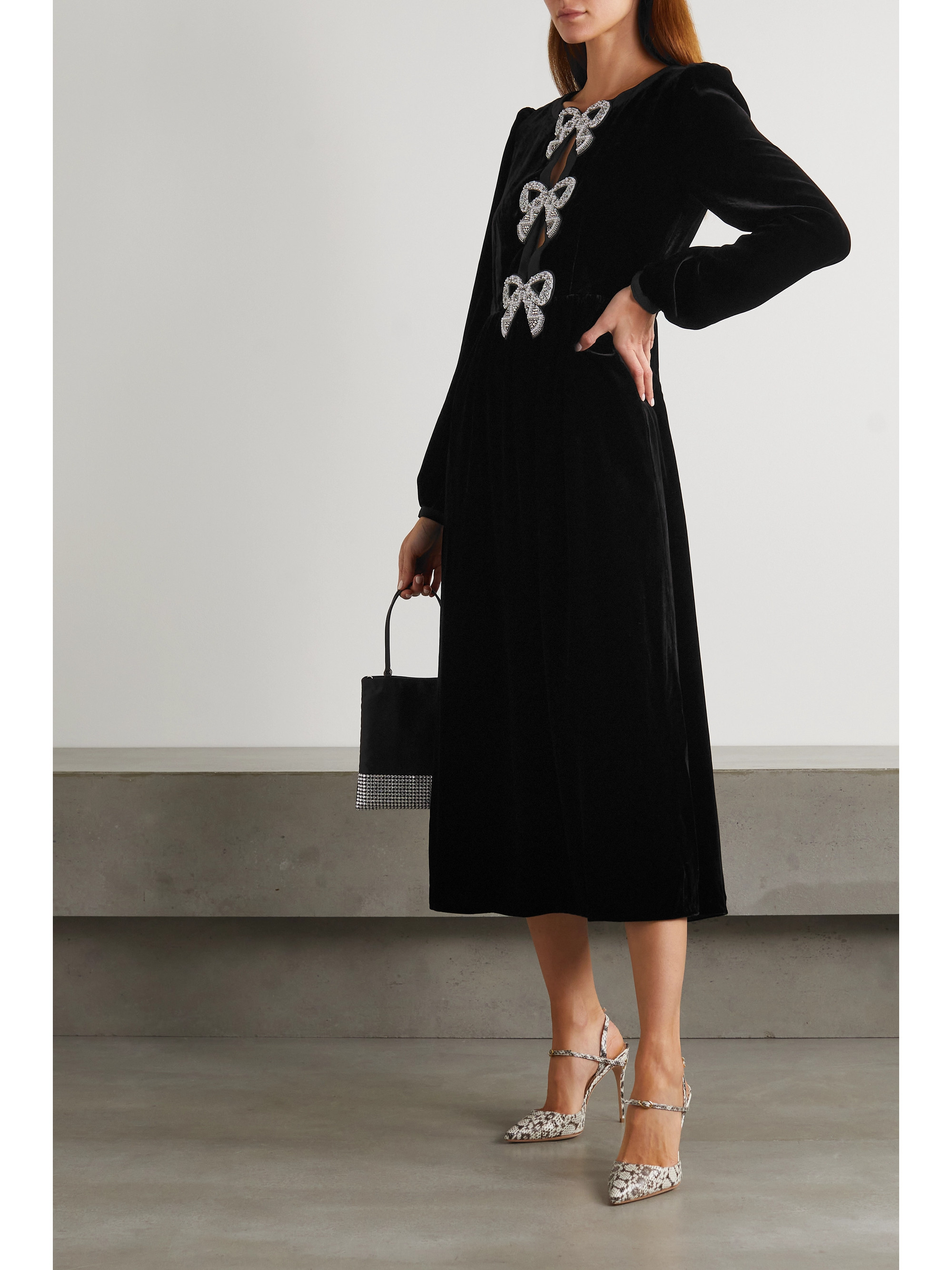 Saloni Camille bow-embellished velvet midi dress