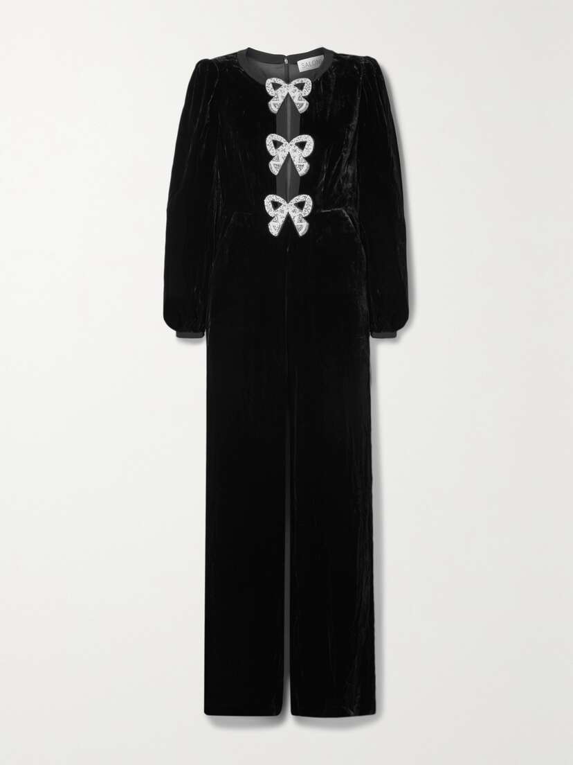 Saloni Camille Cutout Embellished Velvet Jumpsuit - UK 16