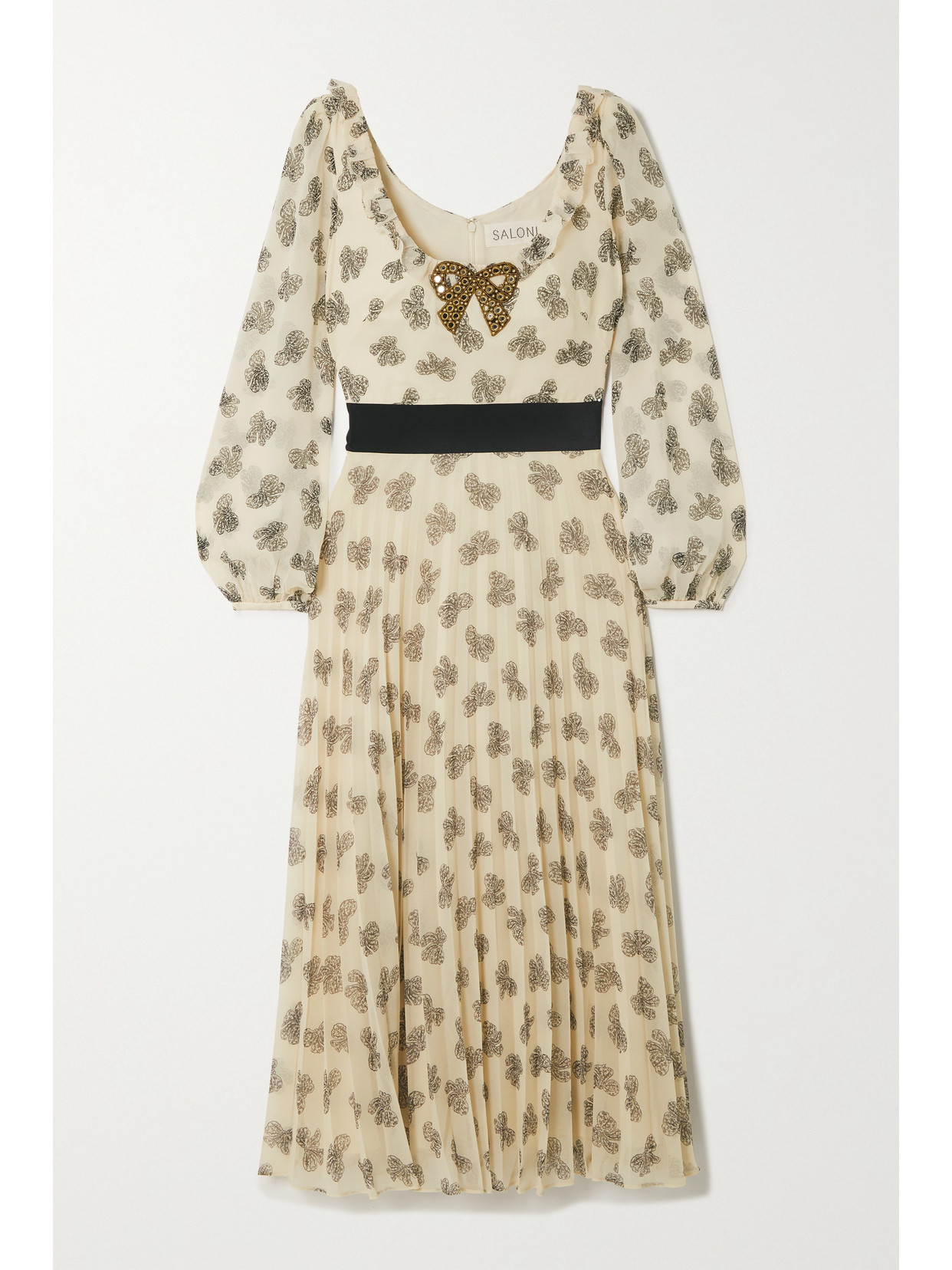 Shop Saloni Denise Embellished Pleated Printed Silk Midi Dress In Cream