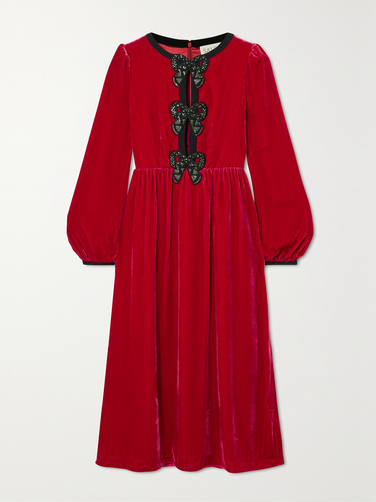 Saloni Camille Bow-embellished Velvet Midi Dress