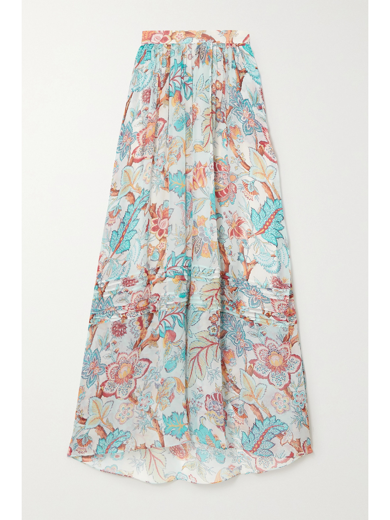 Etro Pleated Floral-print Silk-chiffon Maxi Skirt In Blue