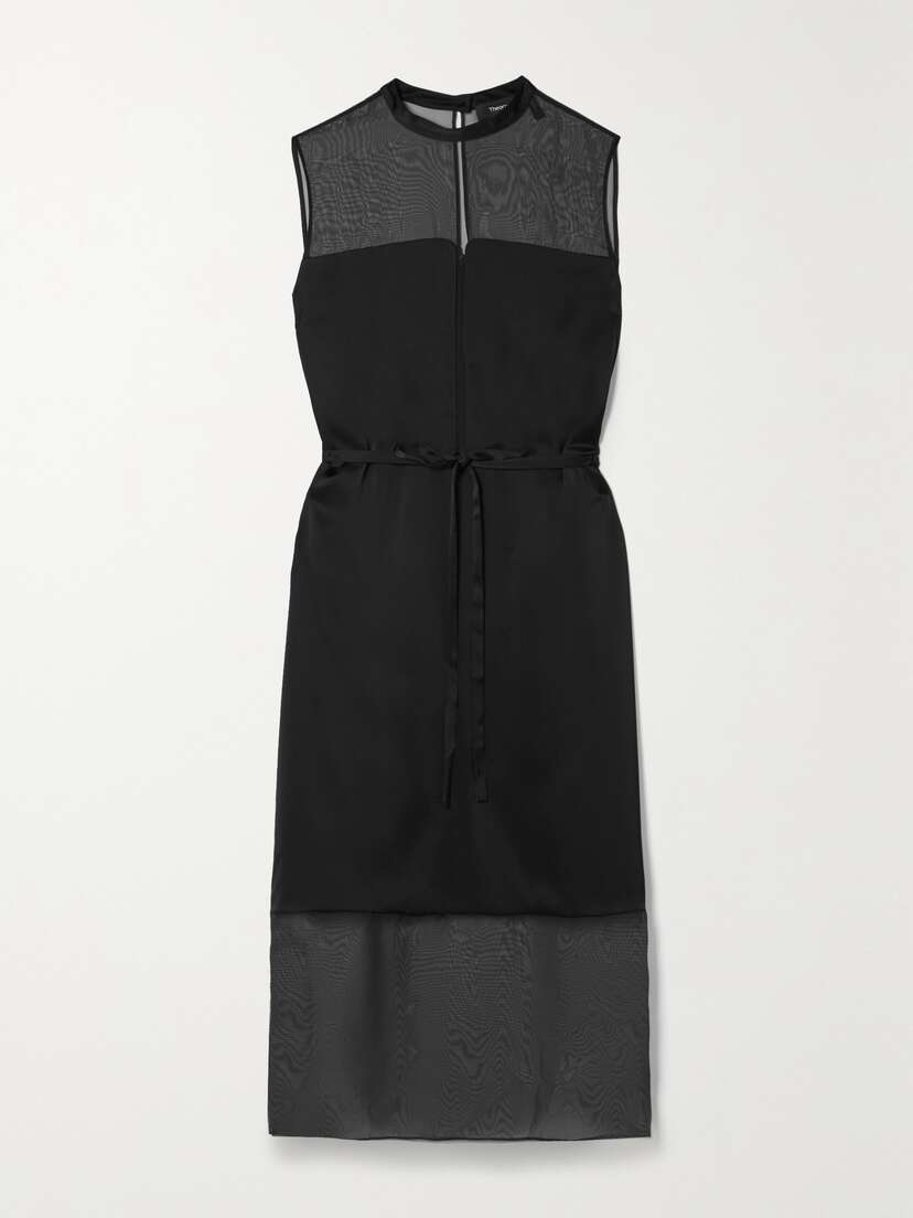 Theory Belted Paneled Satin And Chiffon Dress