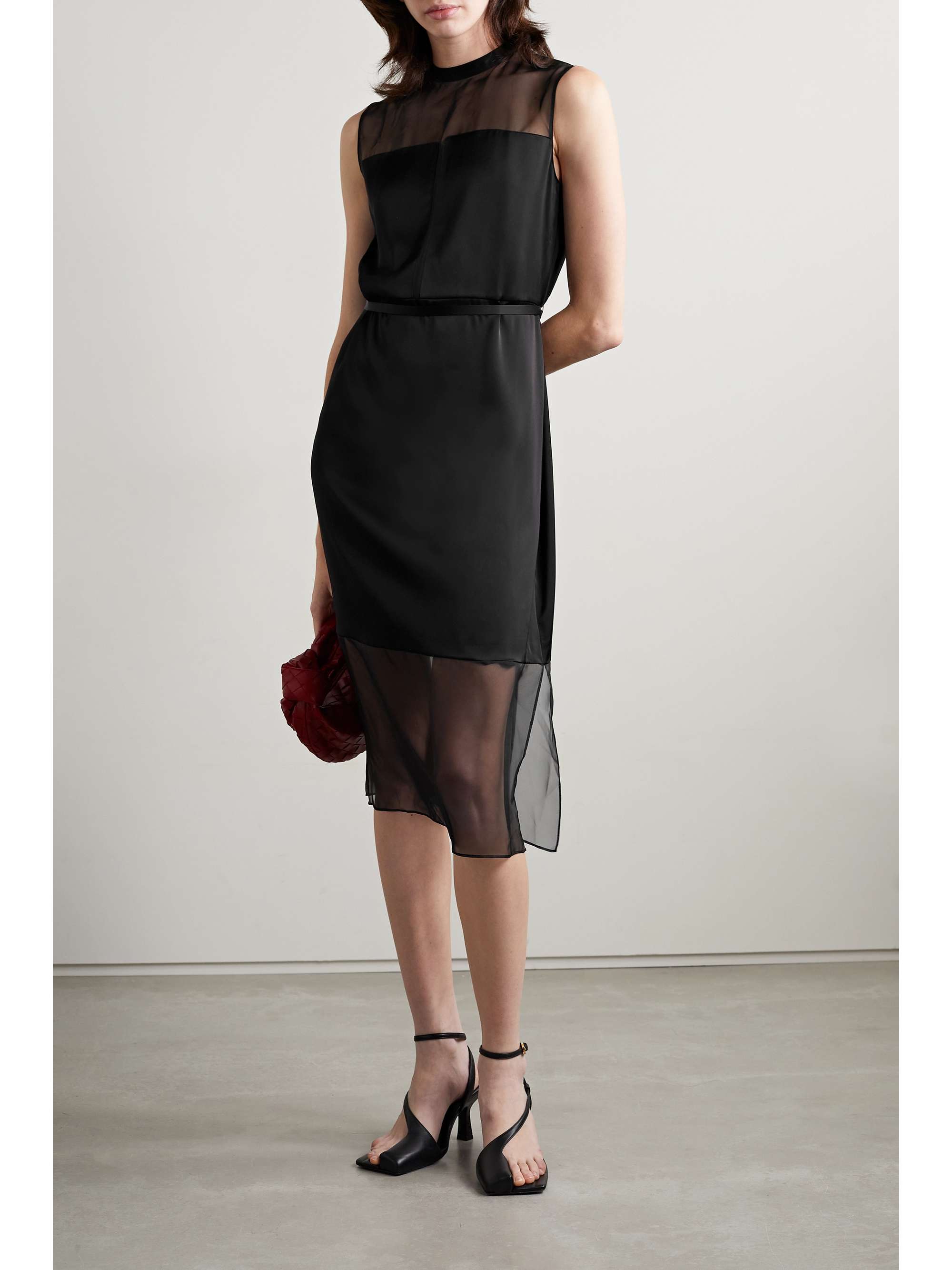 THEORY Belted paneled satin and chiffon dress