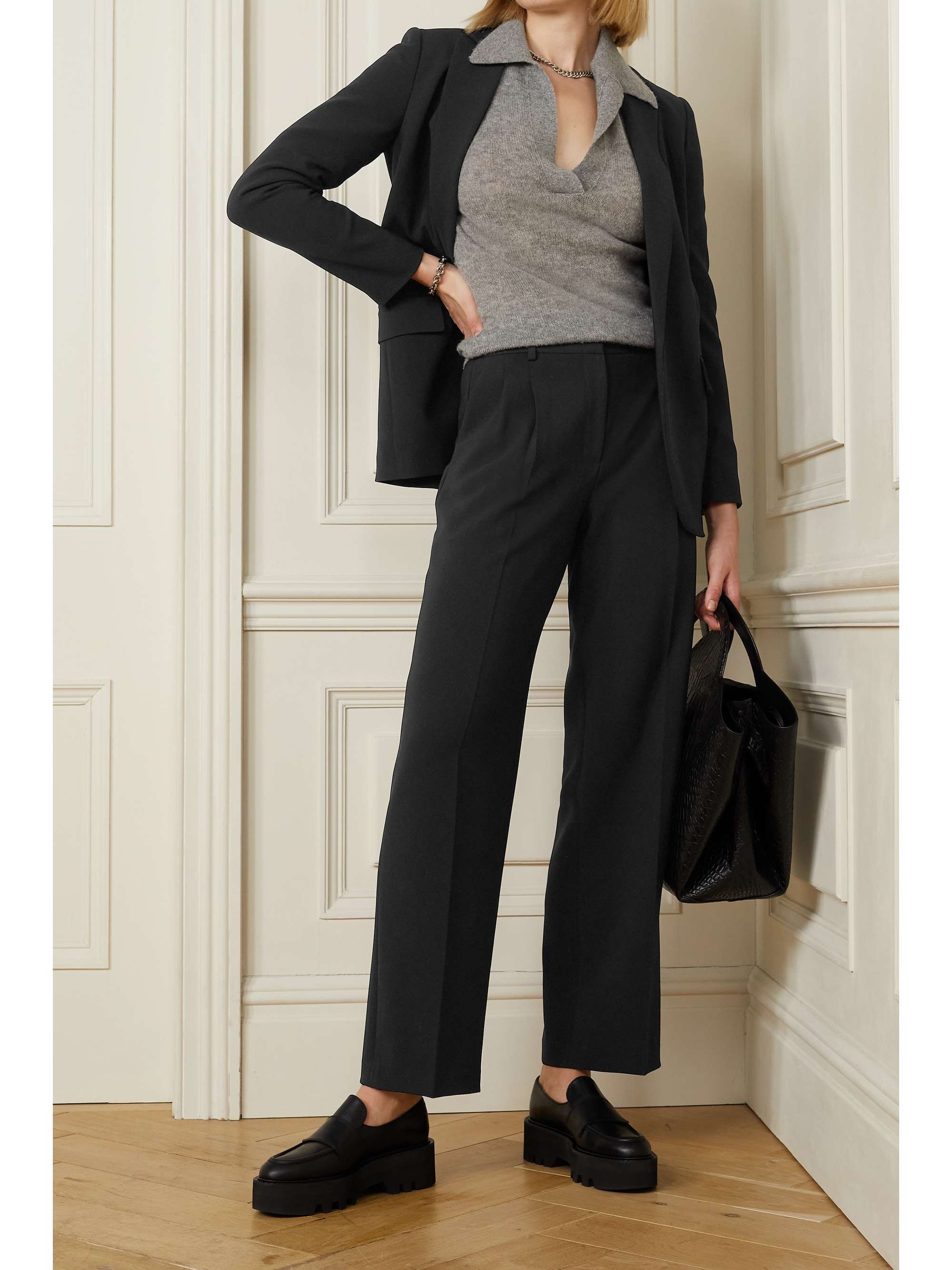 Black Pleated crepe straight-leg pants 