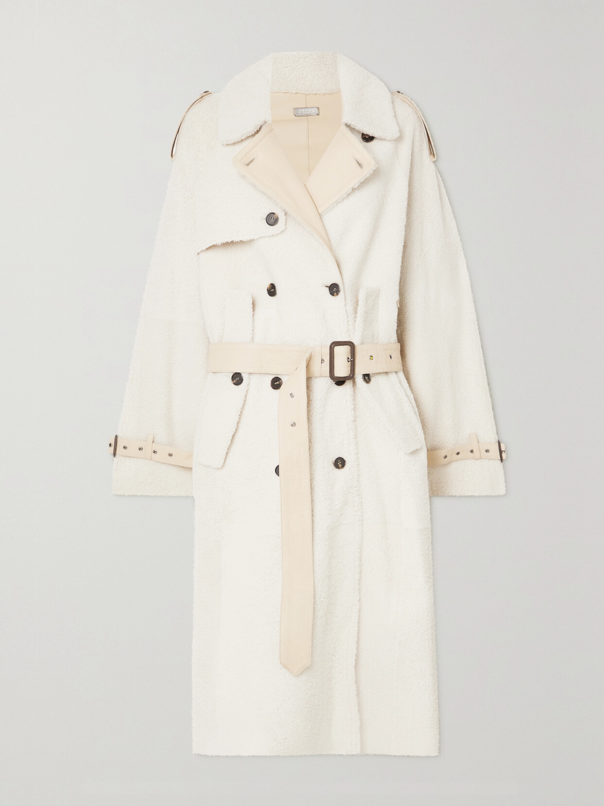 Utzon Catrin Leather-trimmed Shearling Trench Coat In Ivory