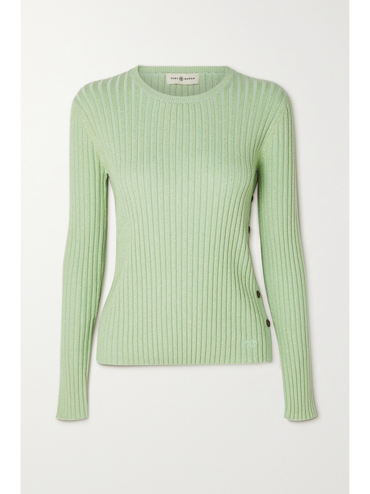 TORY BURCH RIBBED METALLIC WOOL-BLEND SWEATER