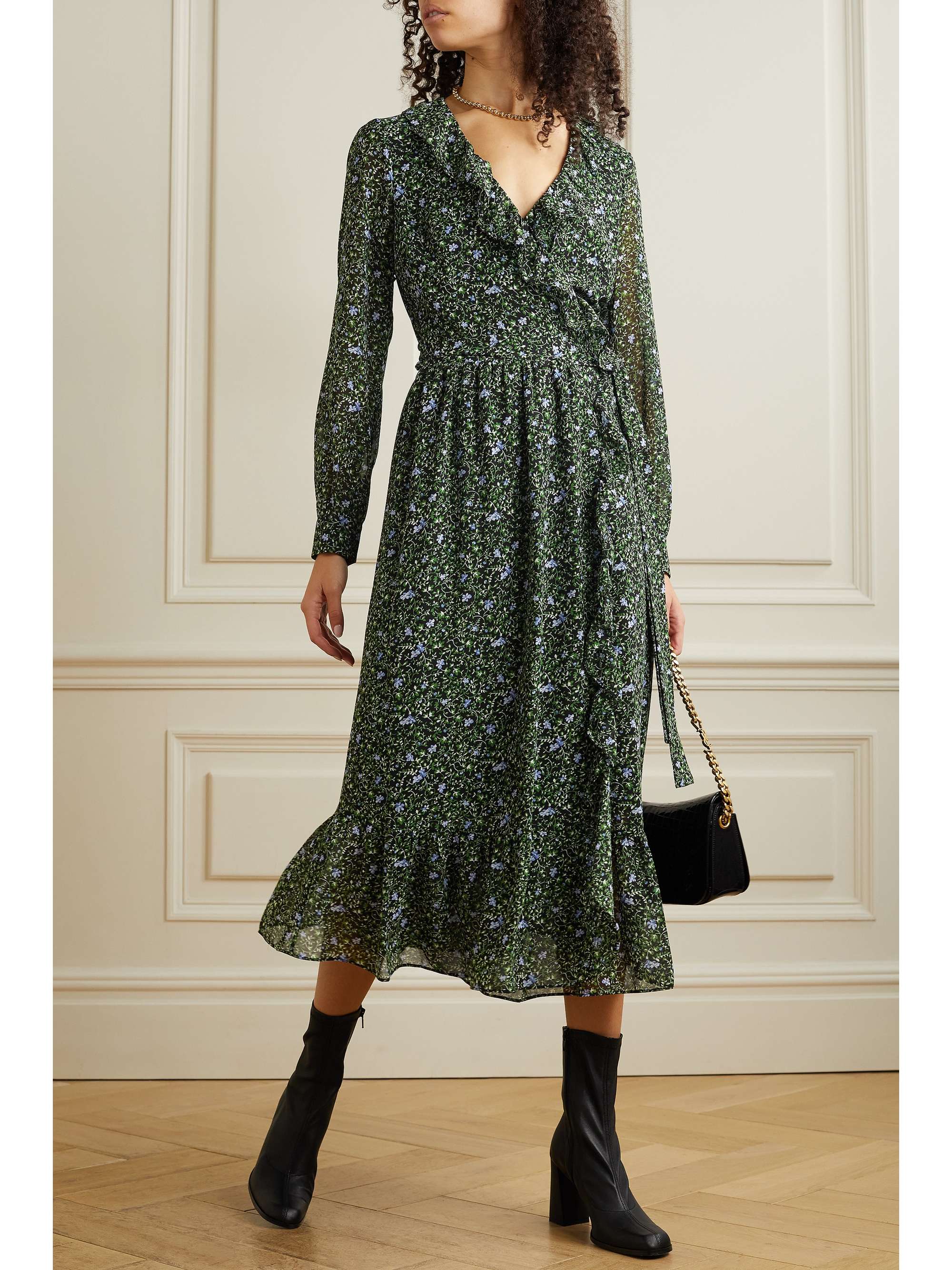 MICHAEL MICHAEL KORS Ruffled floral-print recycled crepe de chine midi wrap  dress | NET-A-PORTER