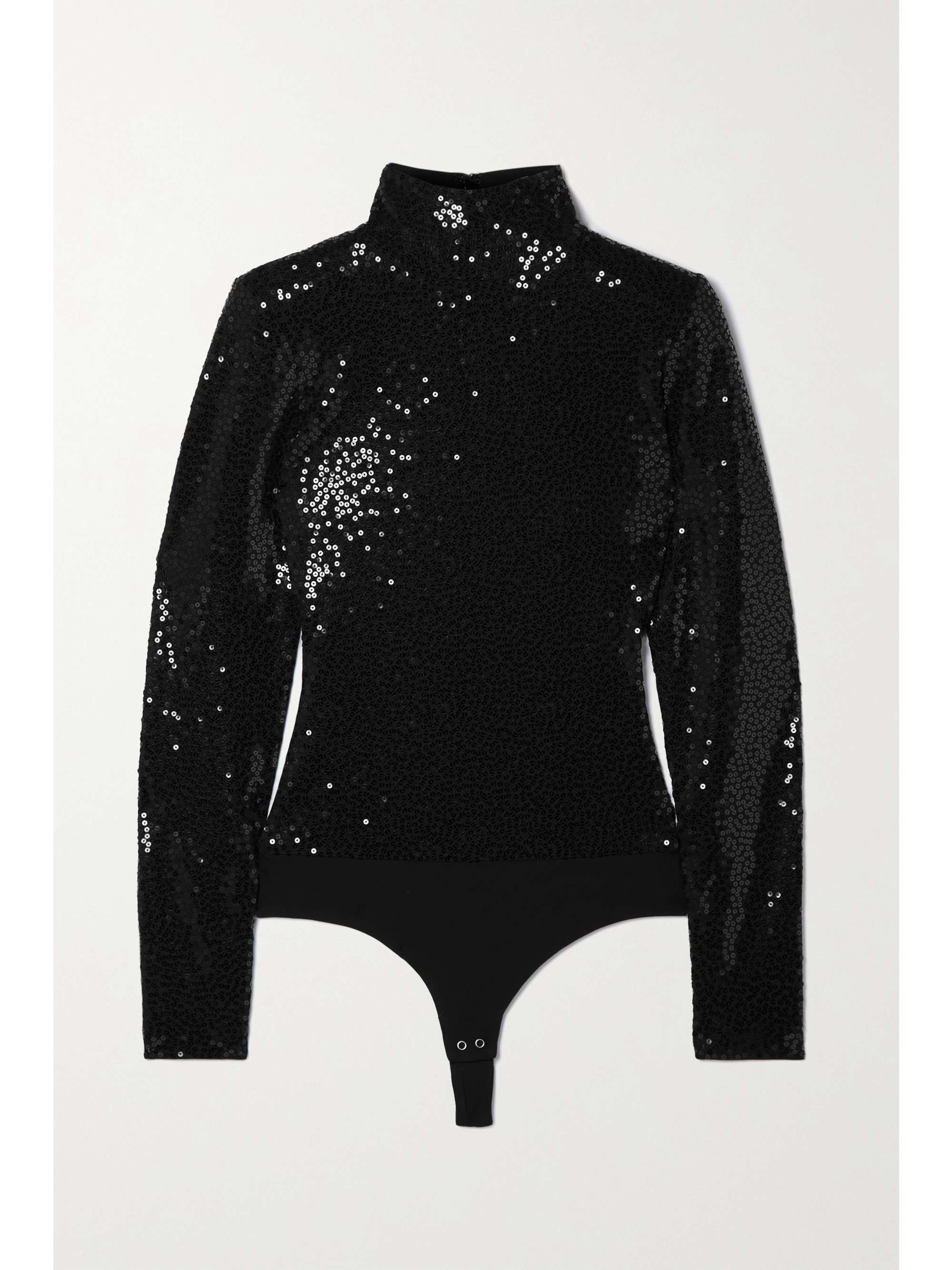 Black Sequined crepe turtleneck thong ...