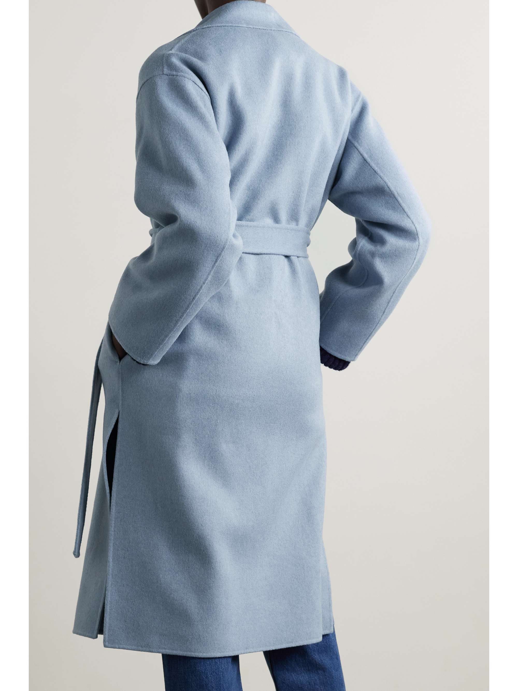 light blue belted coat