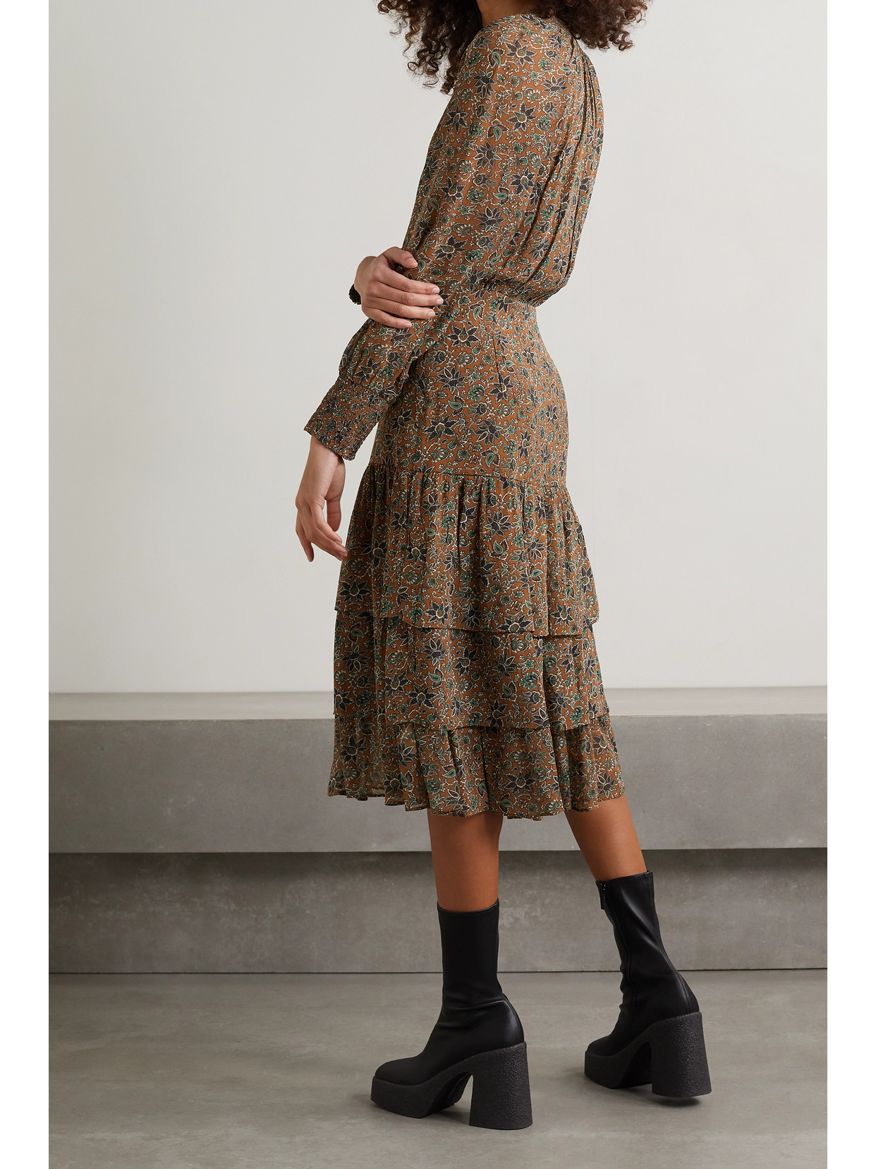 Veronica Beard Tunis Tiered Floral-print Crepe De Chine Midi Dress In Brown