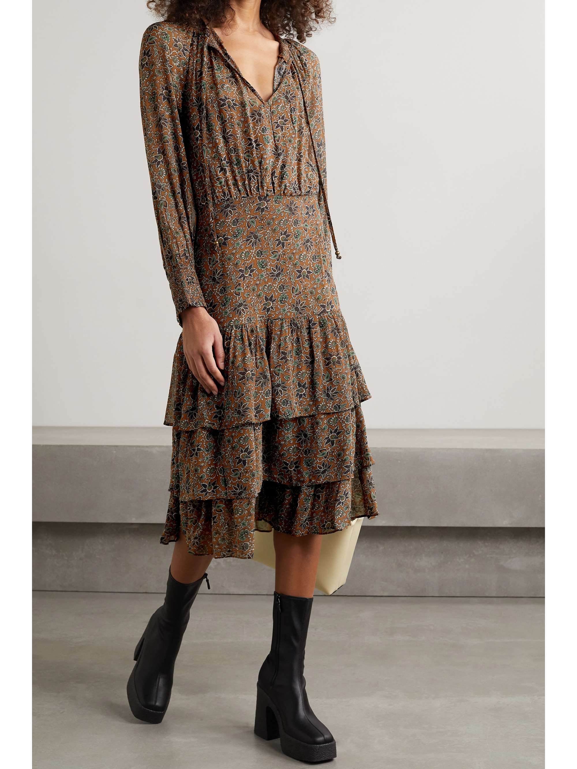 VERONICA BEARD Tunis tiered floral-print crepe de chine midi dress