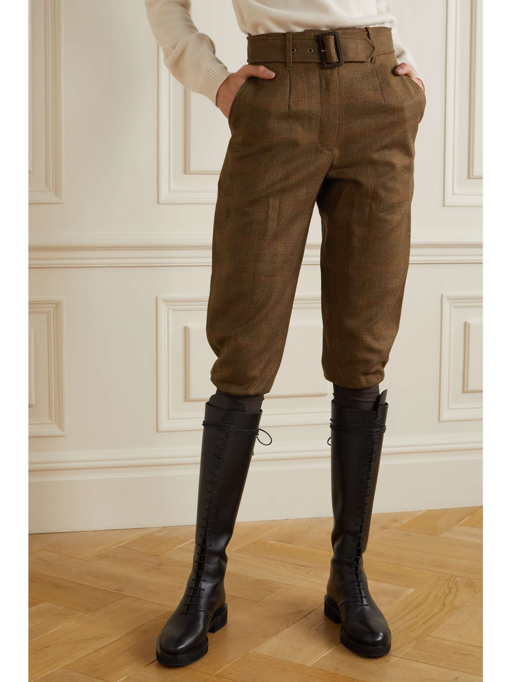 PURDEY Belted checked wool-blend tweed and stretch-jersey slim-fit pants