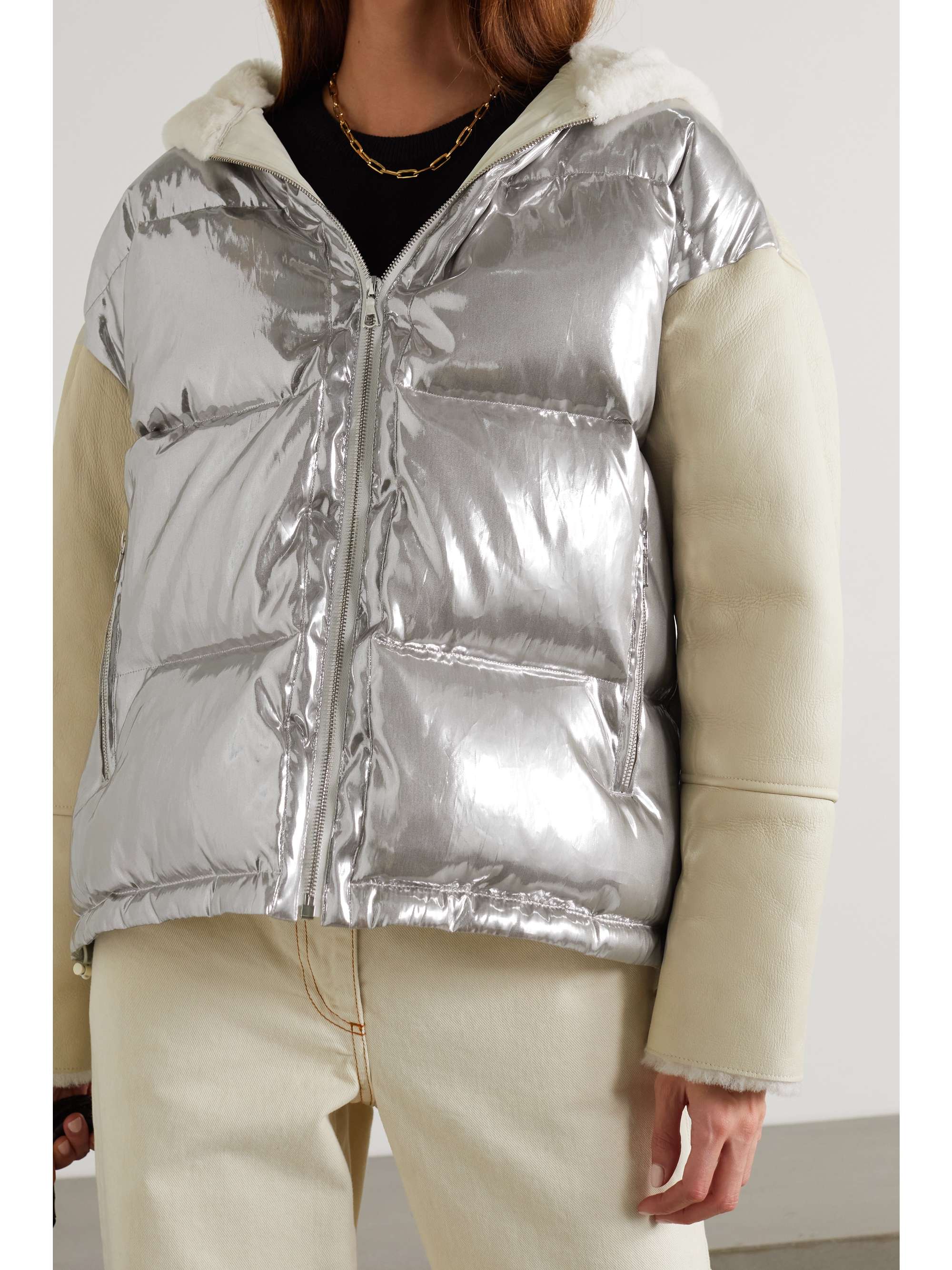 YVES SALOMON Hooded shearling and quilted metallic shell down jacket
